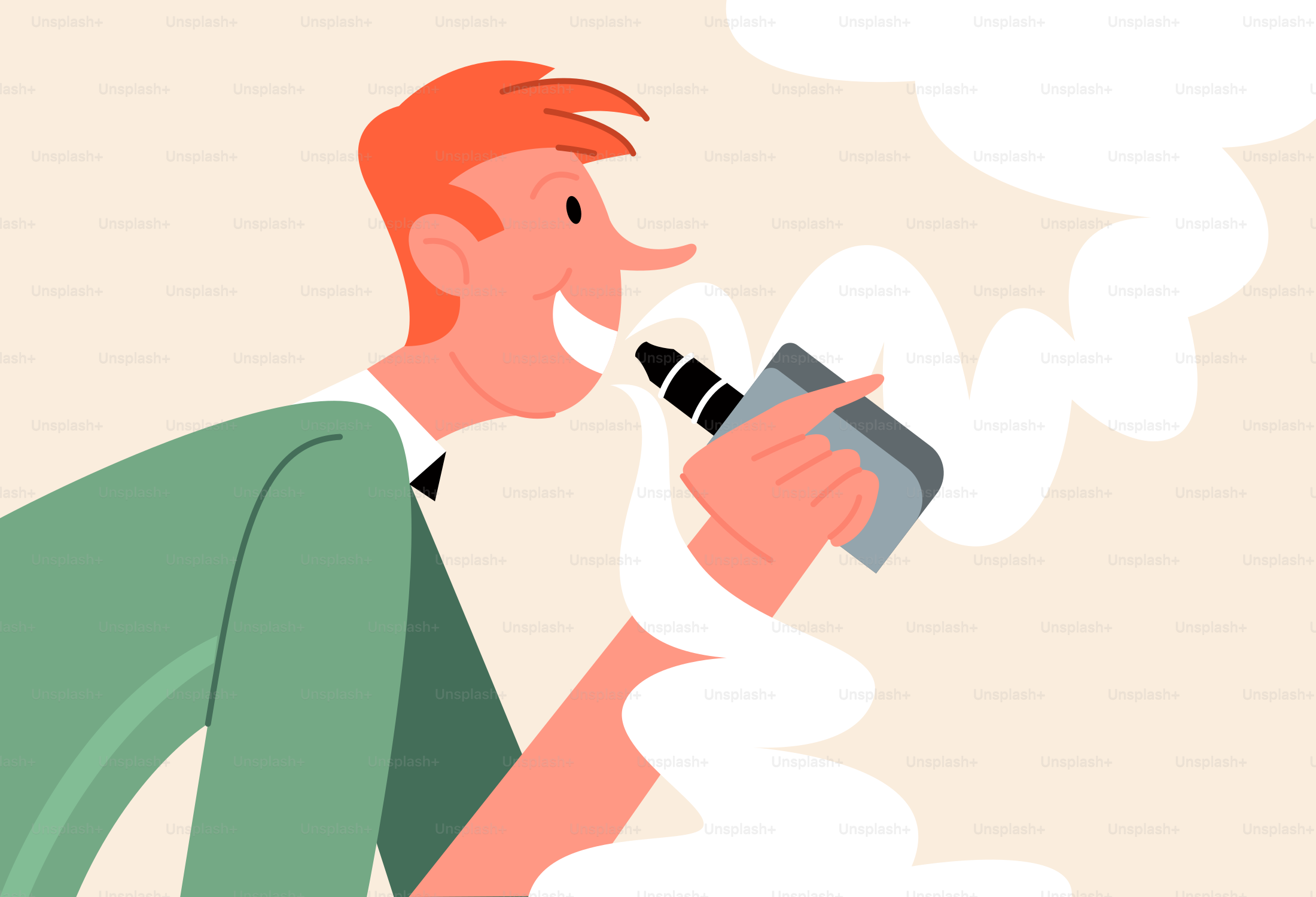 Um homem vaporiza e exala fumaça branca.
