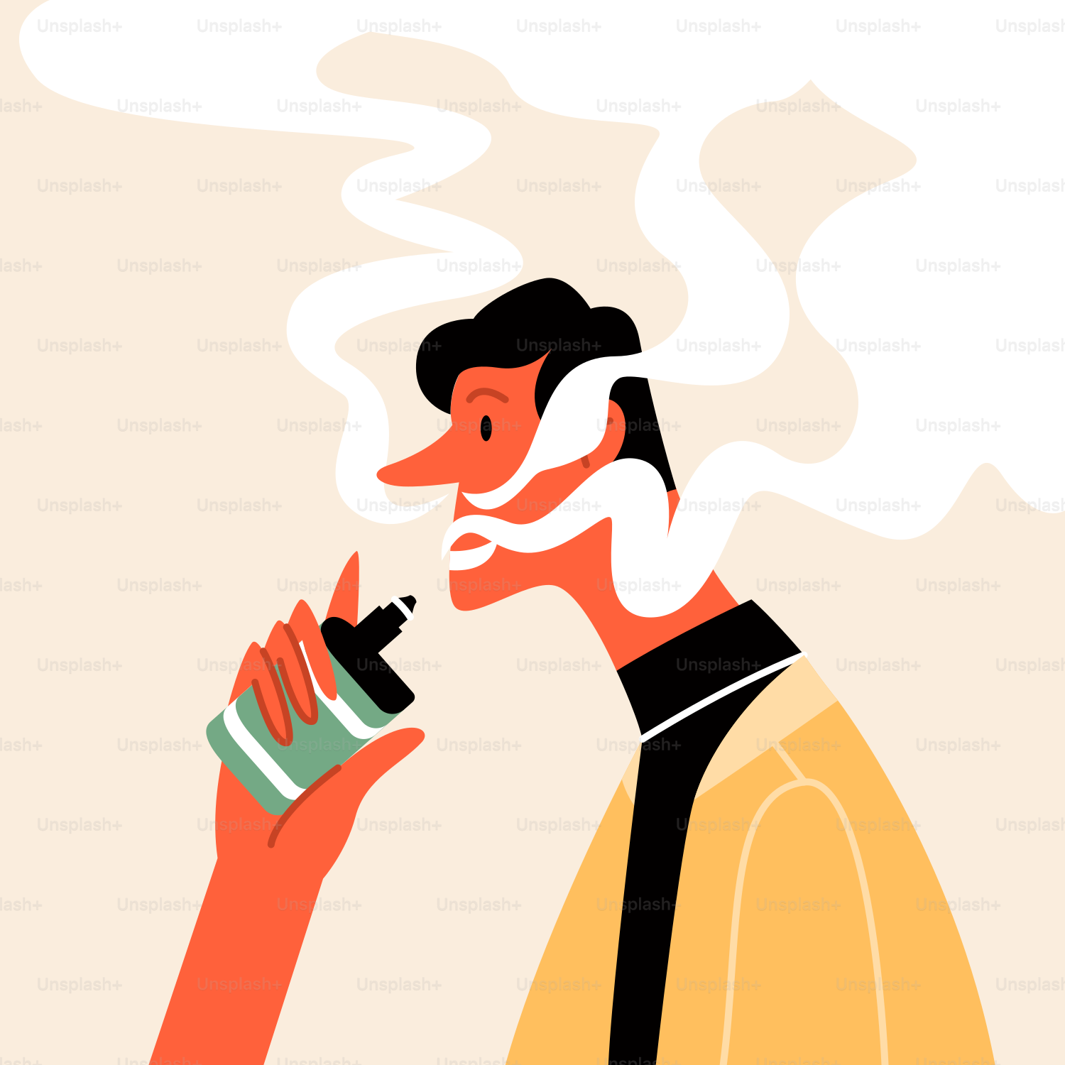 A person vapes and exhales smoke.