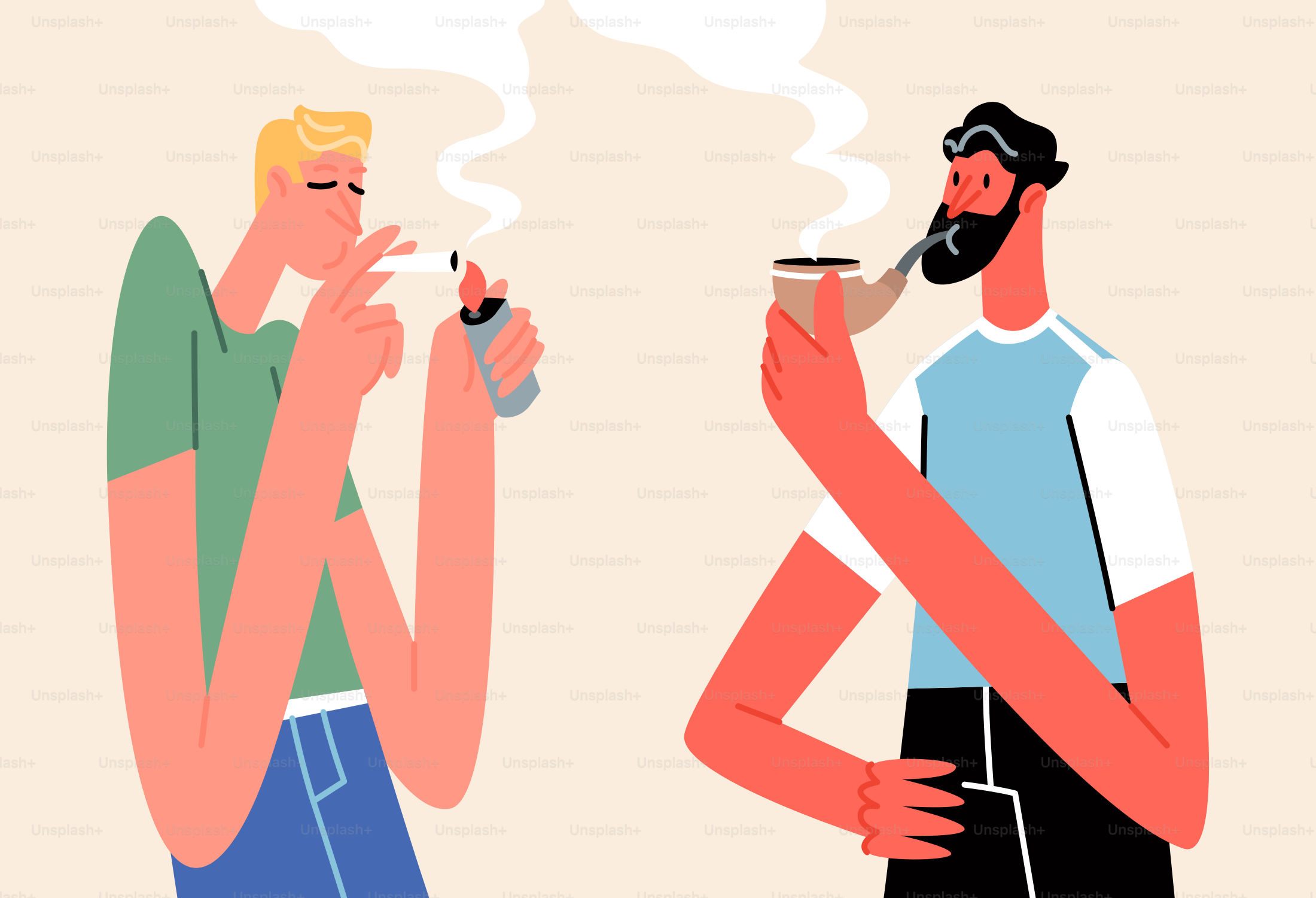 Two men smoke cigarettes and pipes.