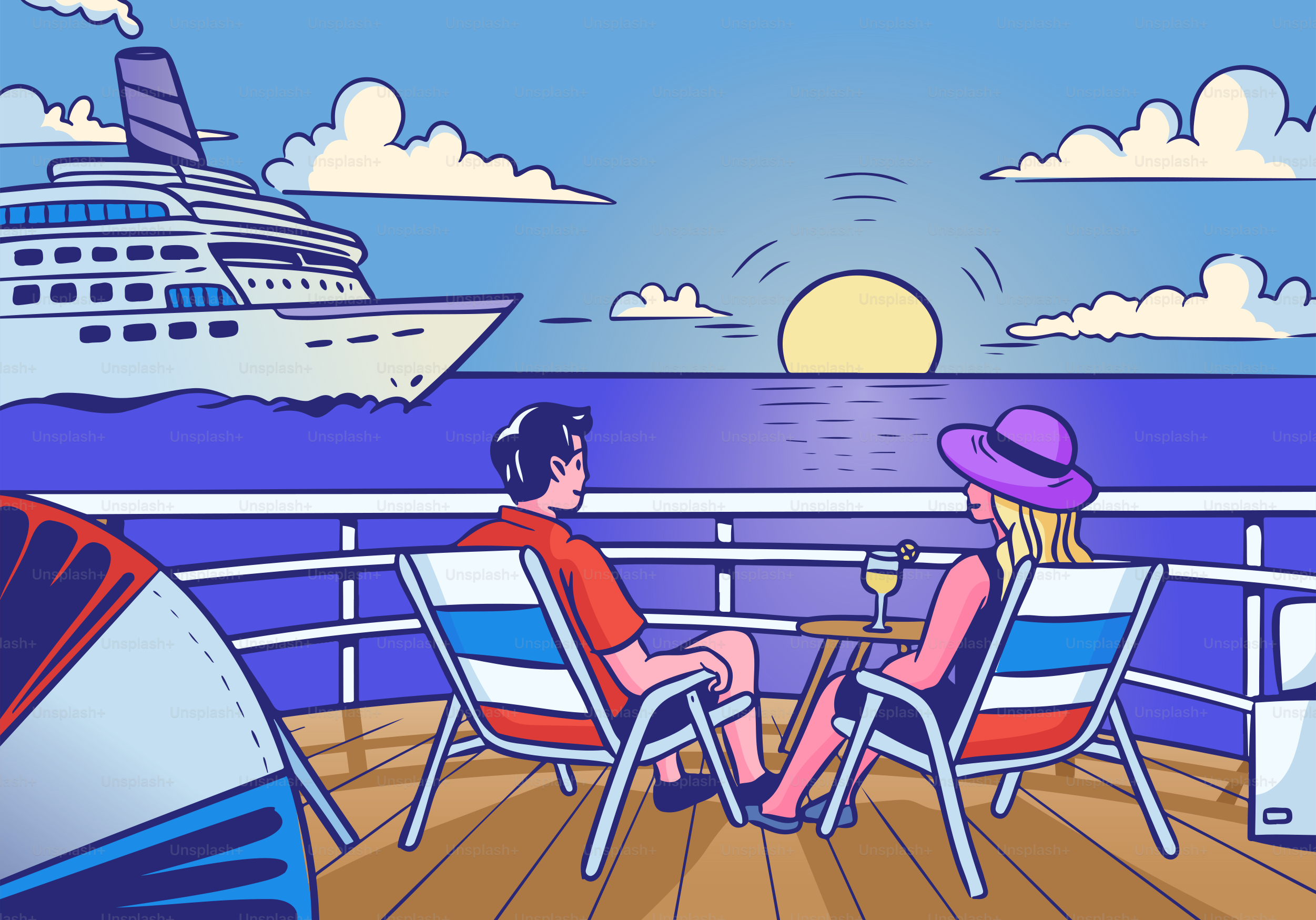 A couple enjoys sunset on a cruise.