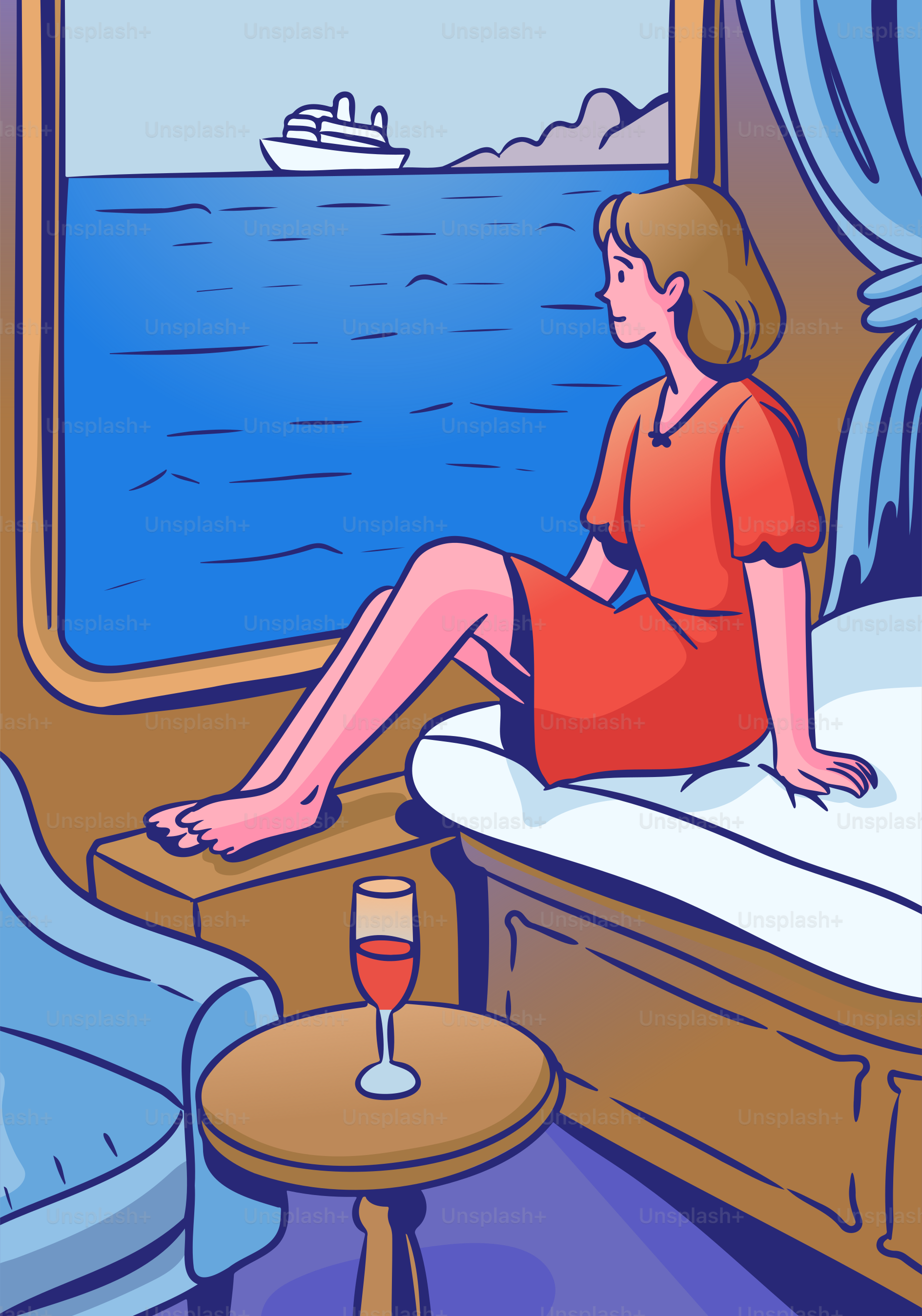 Une femme contemple la mer depuis une cabine.