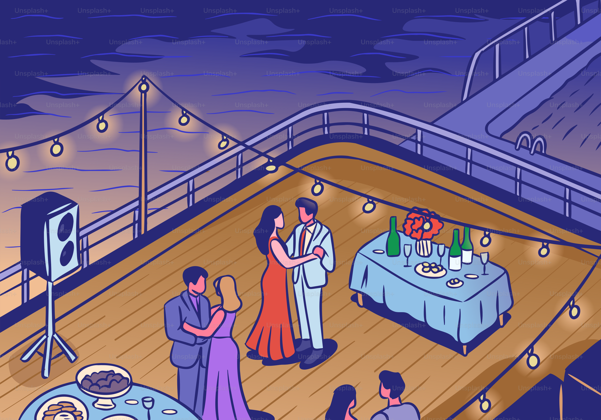 People are dancing on a cruise ship deck at night.