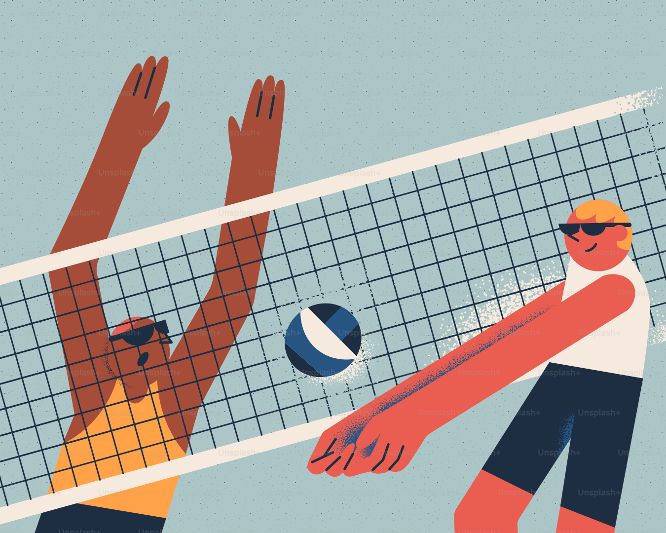 Giocatori di pallavolo che gareggiano per schiacciare la palla.