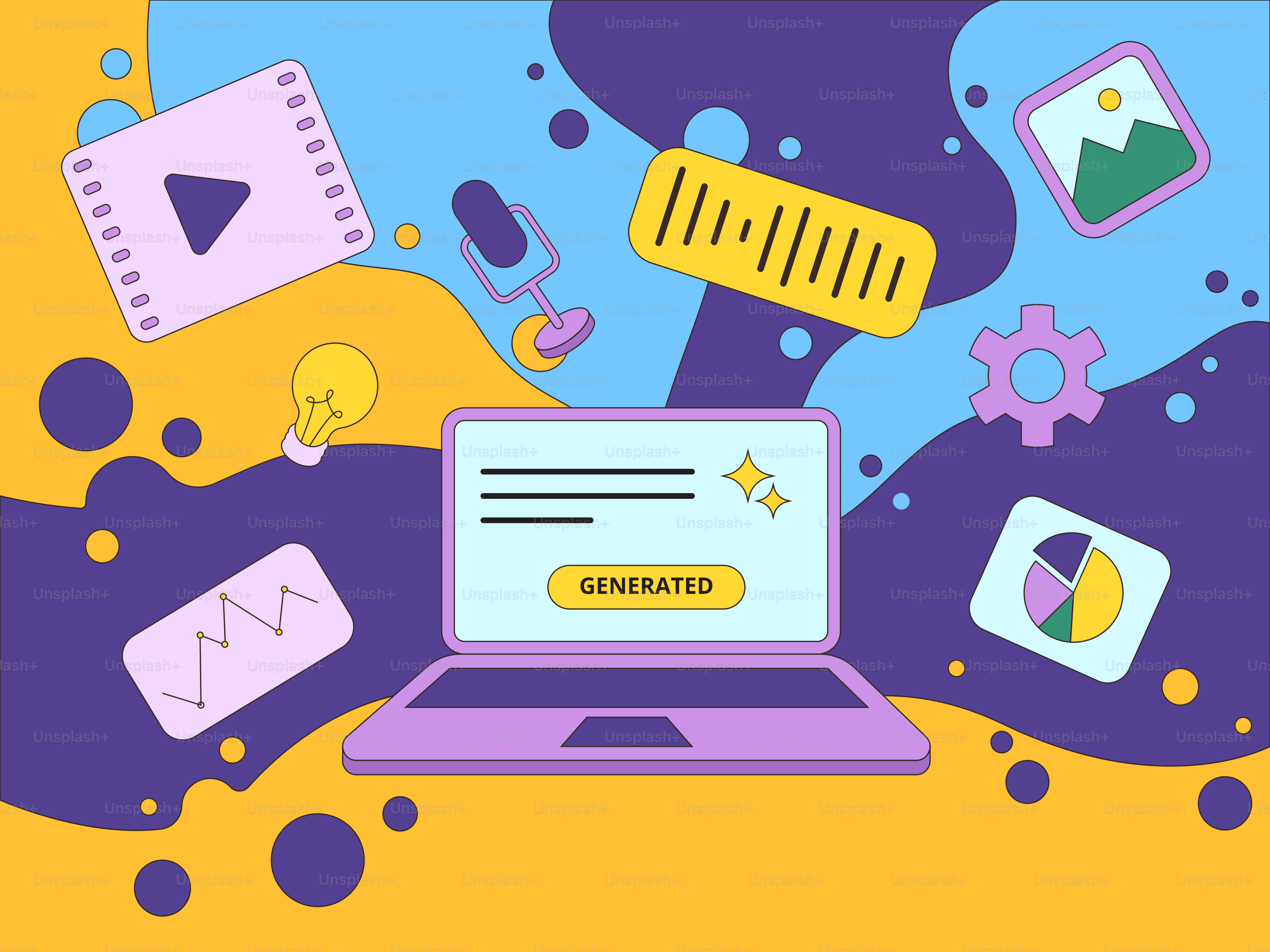 A laptop generates content like media and graphics.