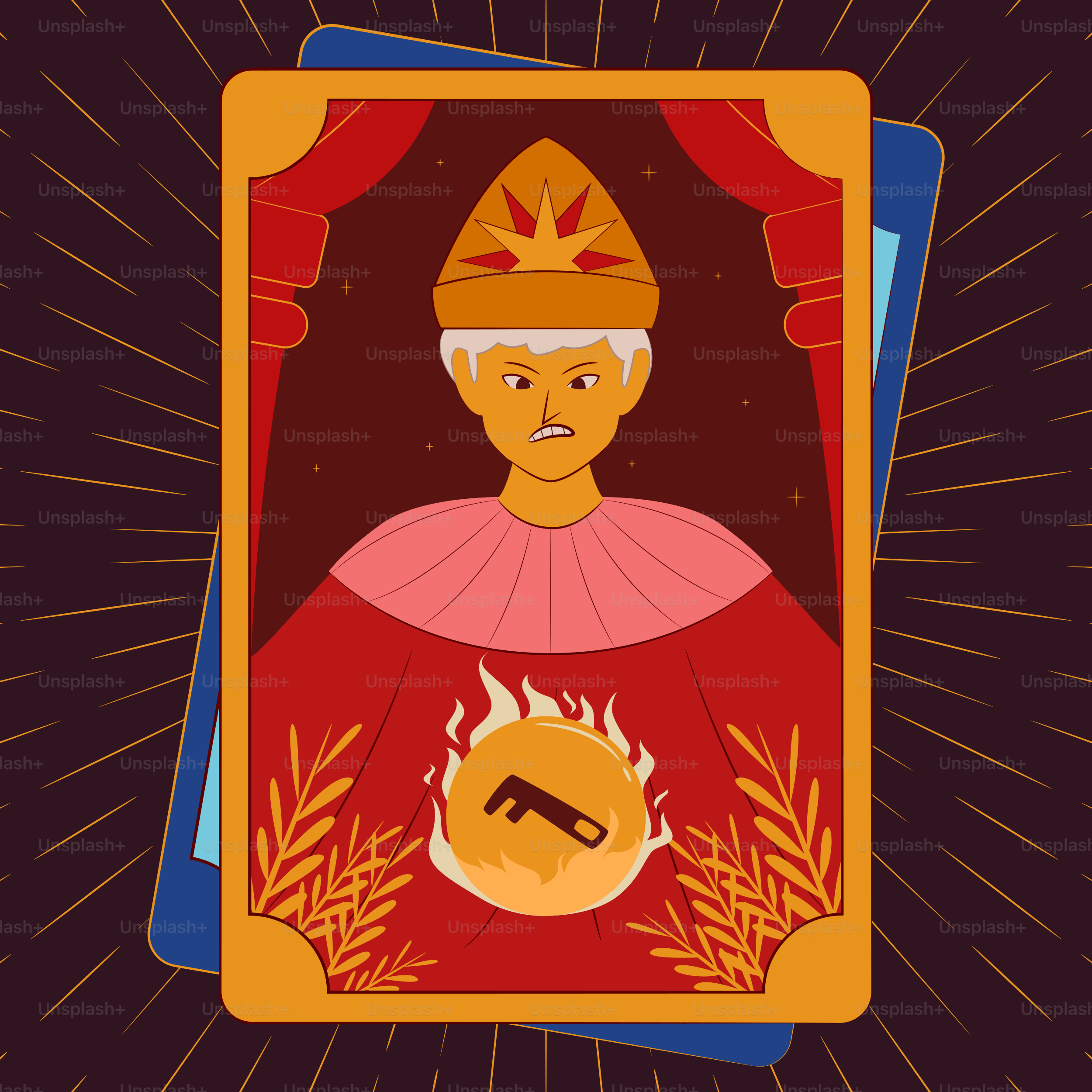 Une carte de tarot représente une personne sérieuse et un feu.