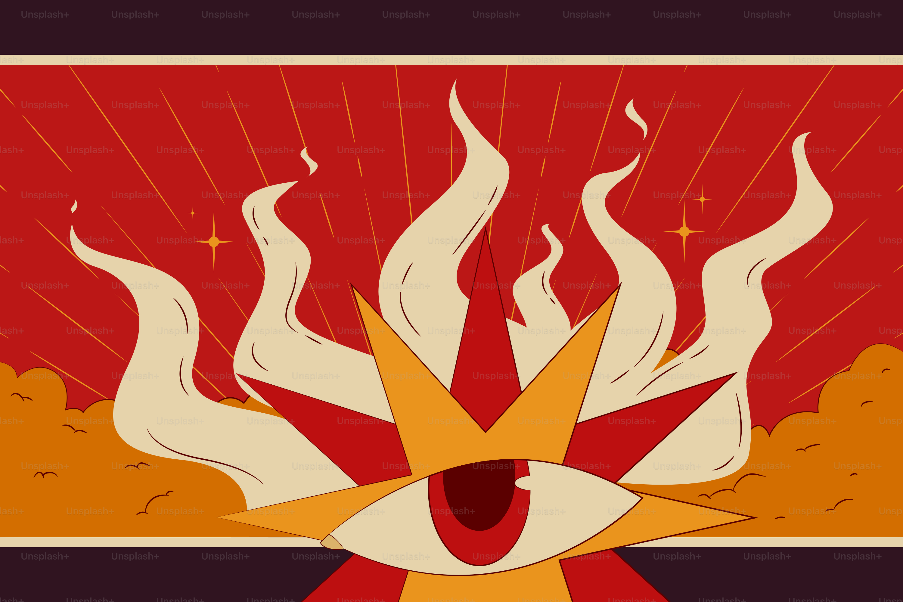 Fiery eye with radiant beams and star elements.