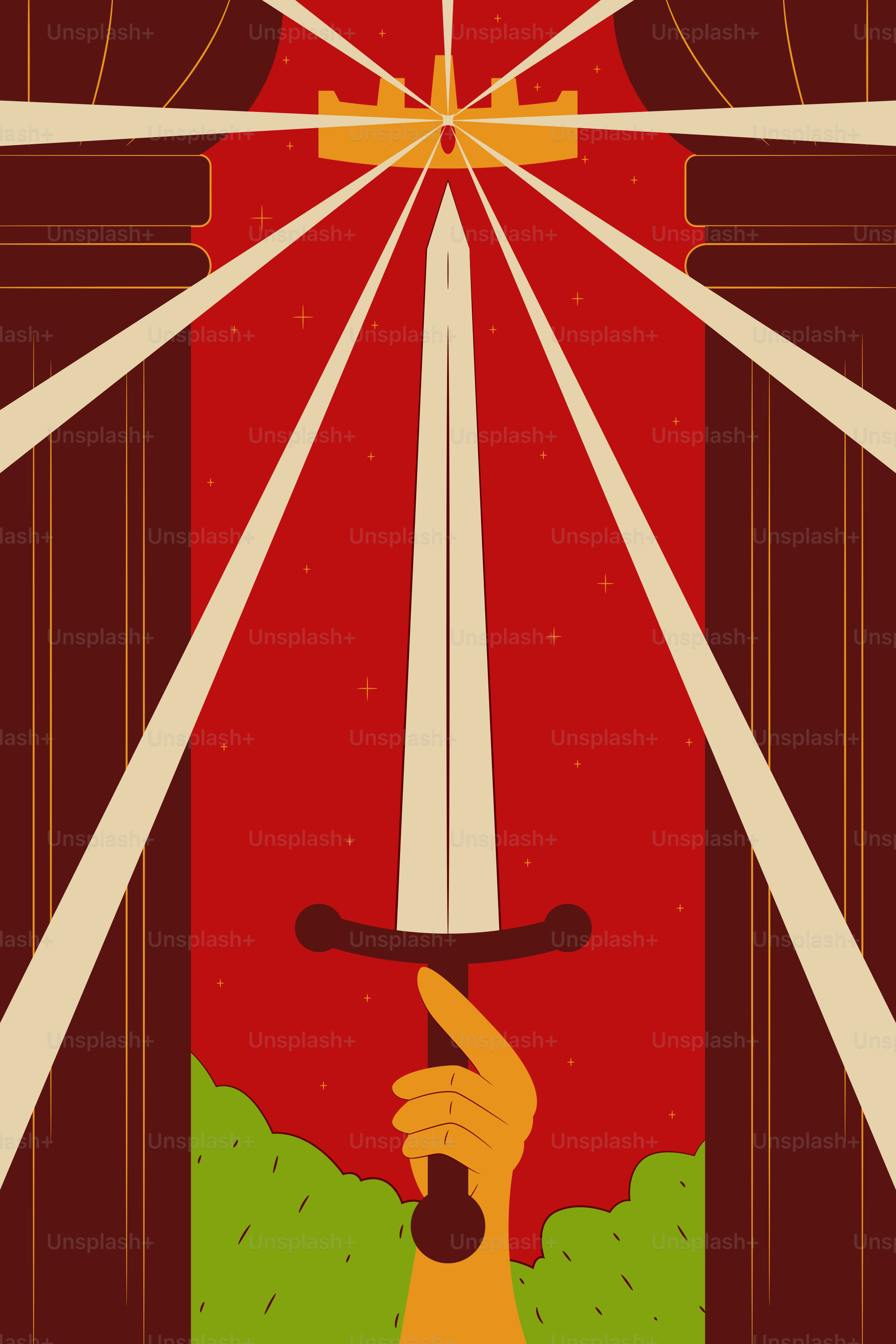 Ein Schwert wird in einem leuchtenden Rahmen gehalten.