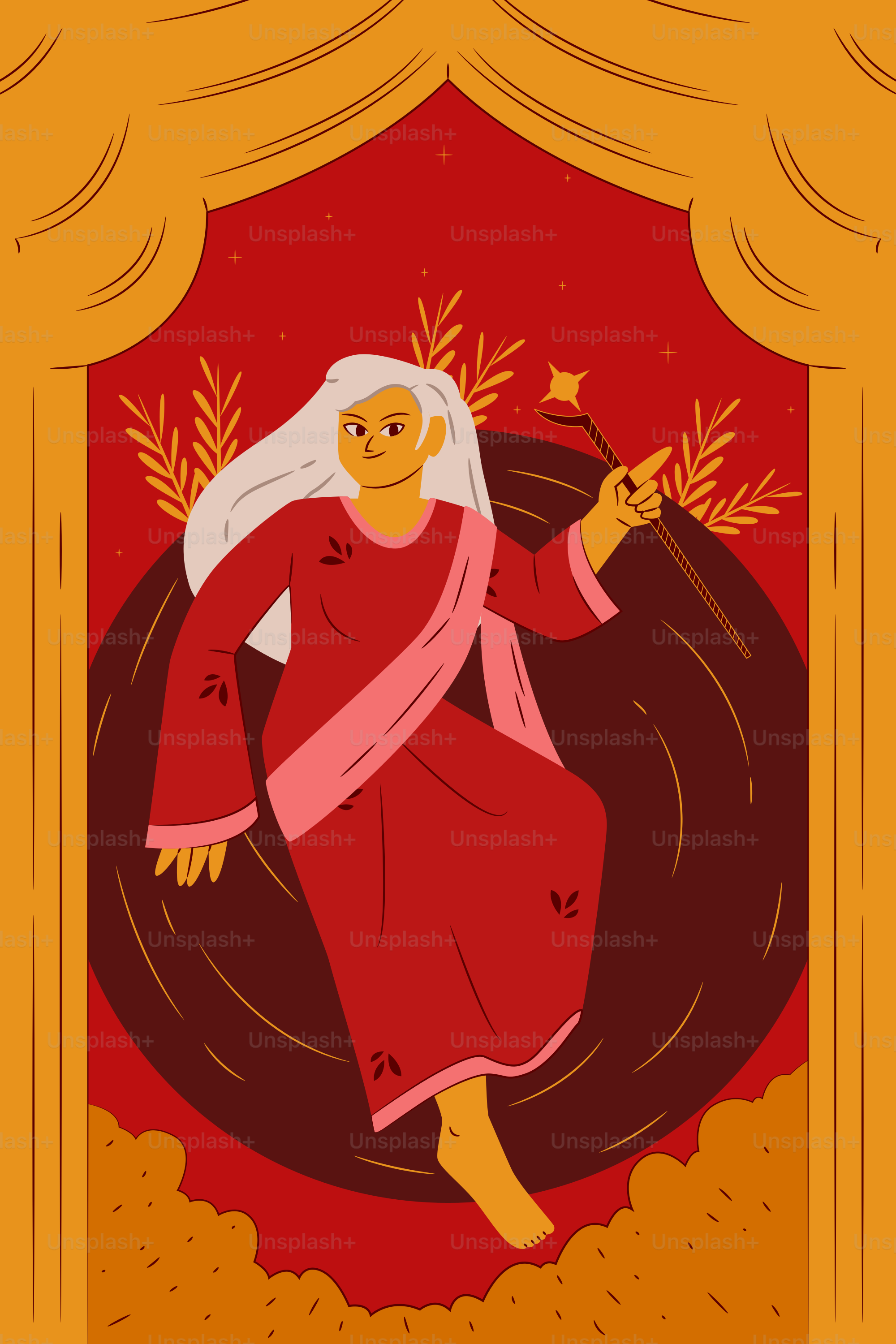 A magical woman holds a star-tipped wand.