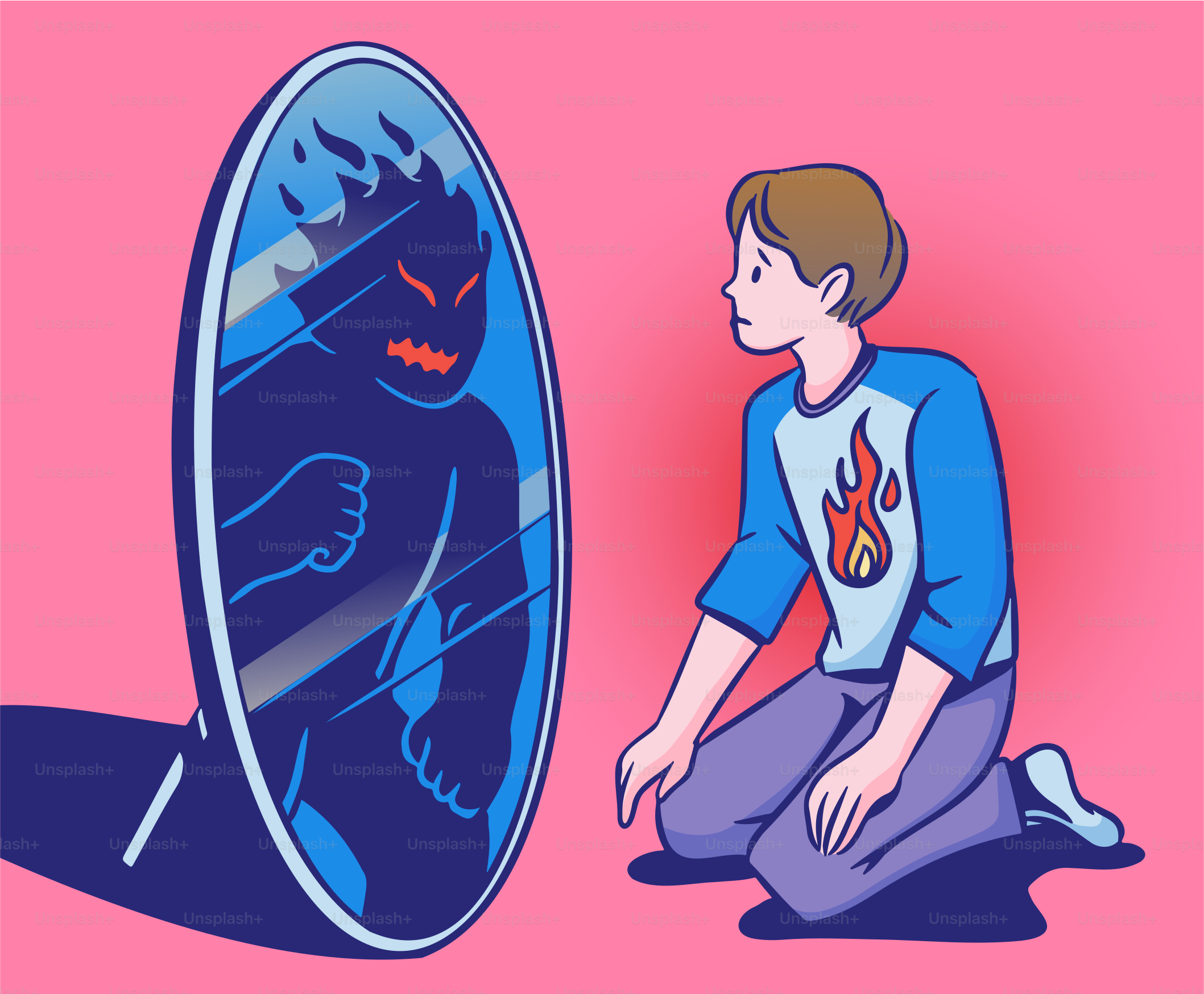 A boy sees a monster in the mirror.