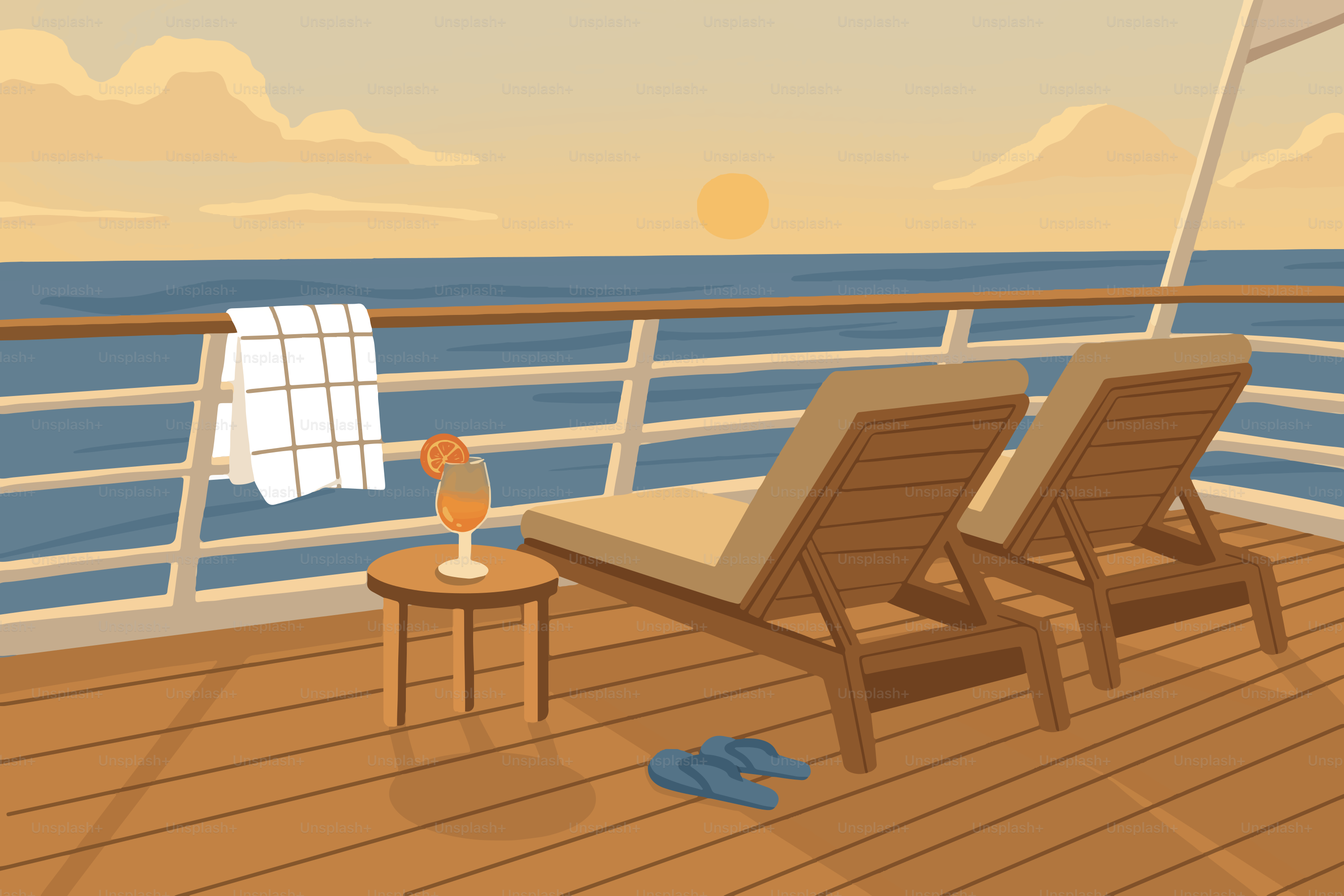 Se détendre sur le pont d’un bateau de croisière au coucher du soleil