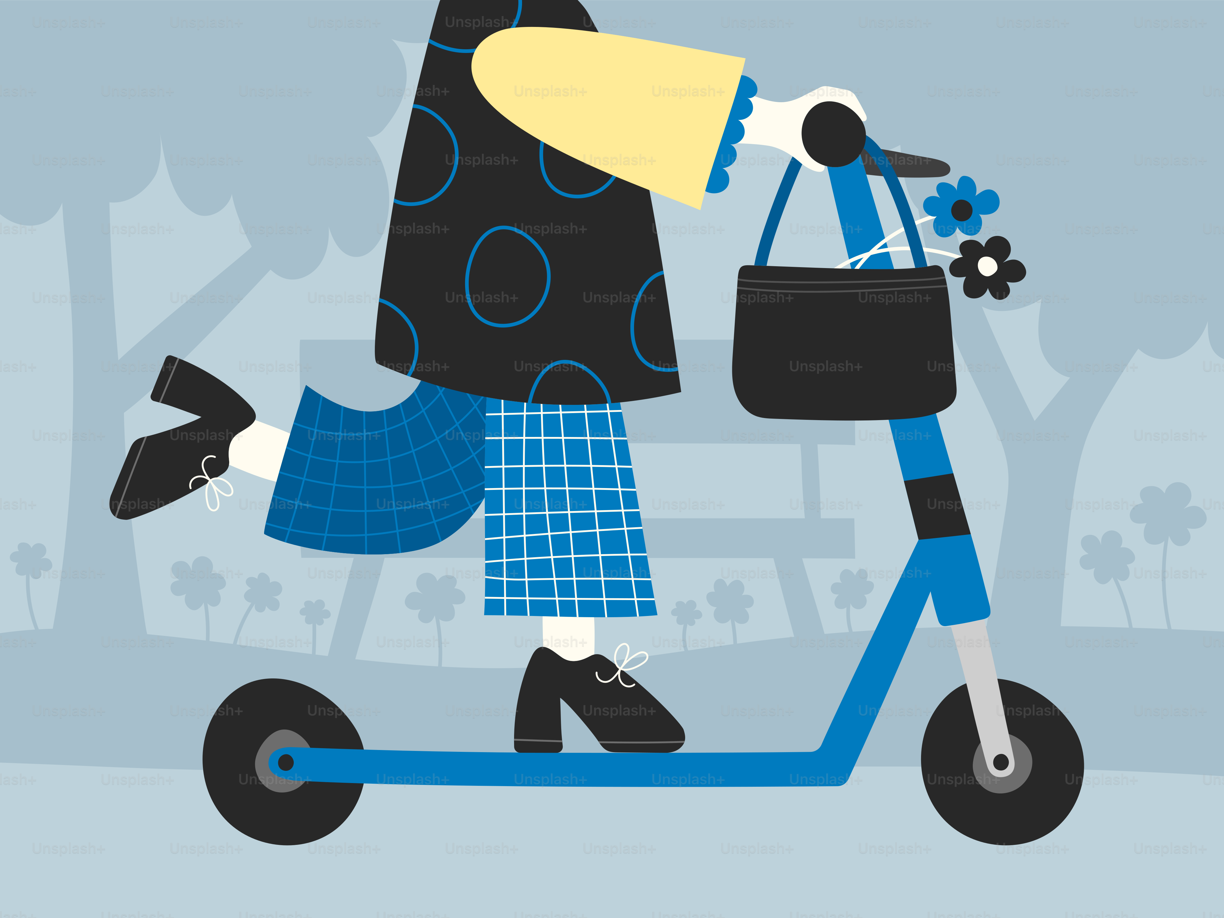 Woman rides a scooter in the park.