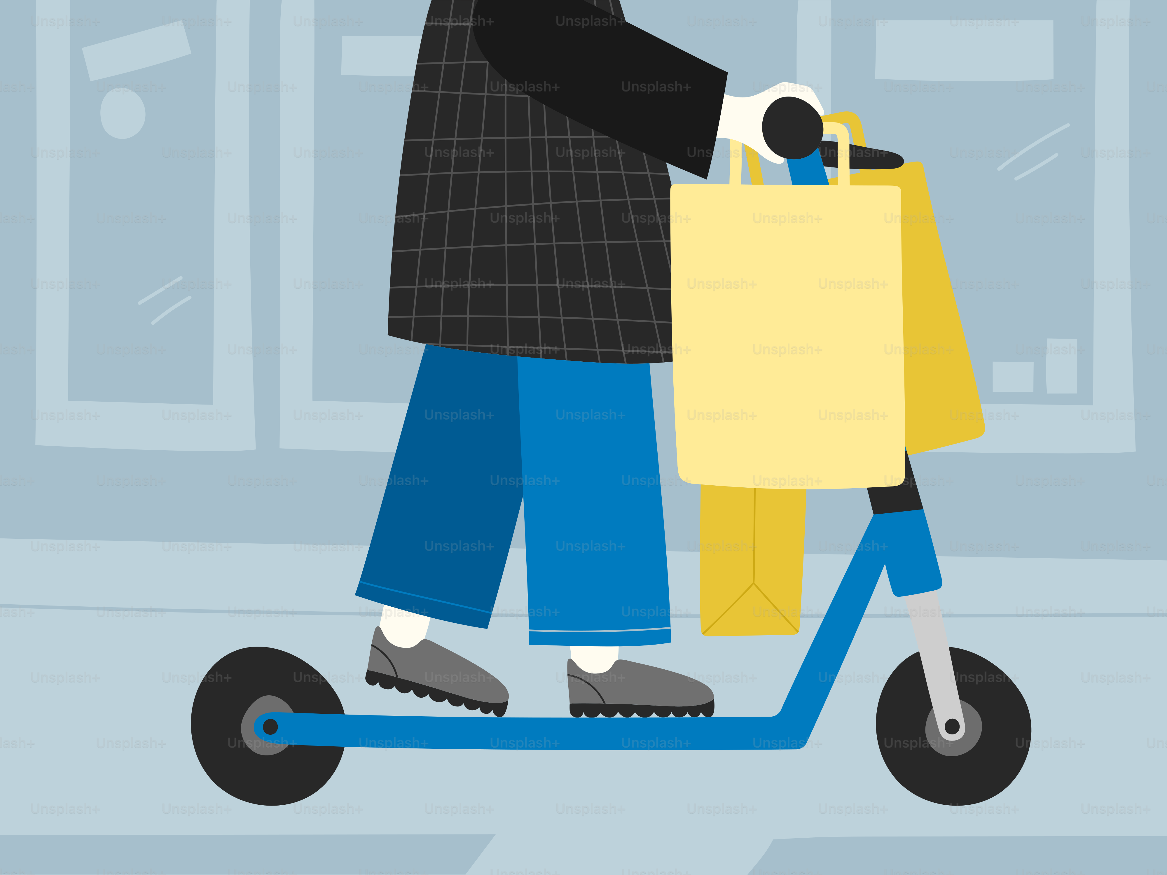 Person is riding a scooter with shopping bags.