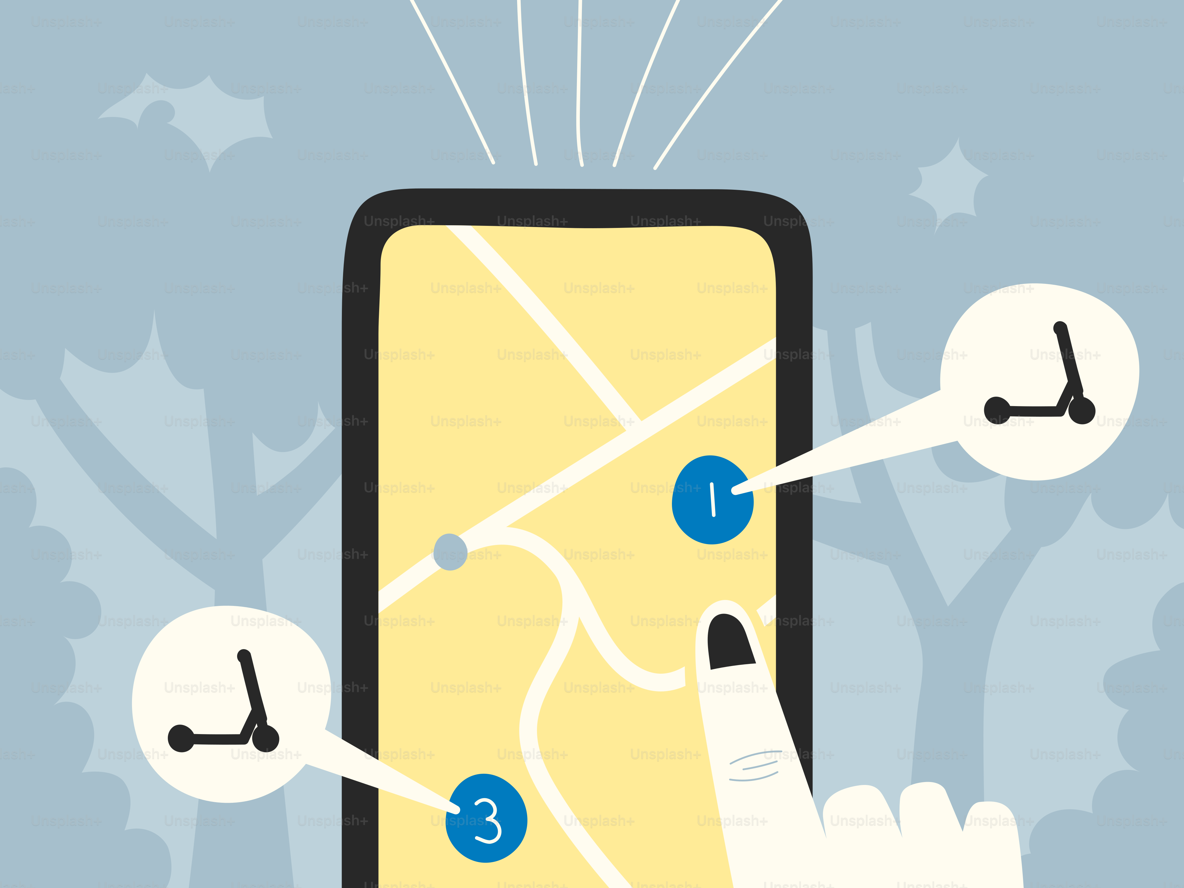Phone app shows location of rental scooters.