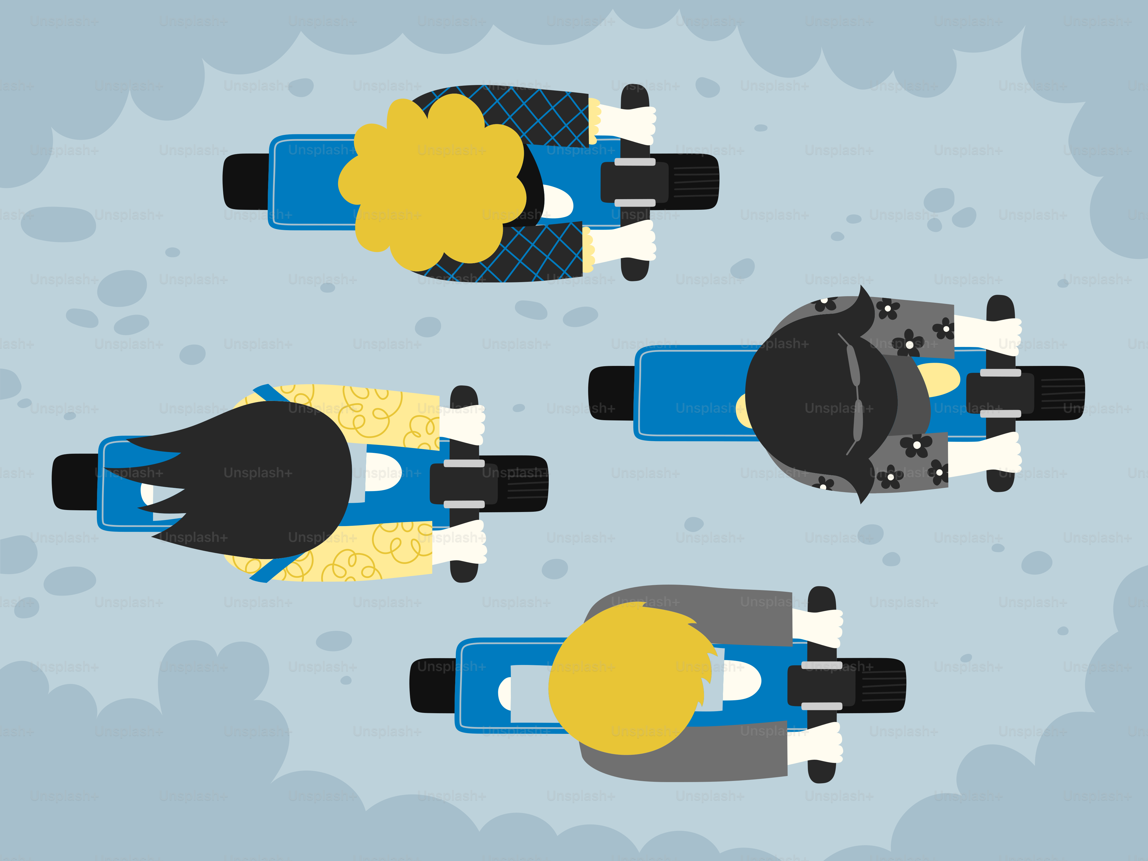 Four cartoon riders are traveling on motorcycles.