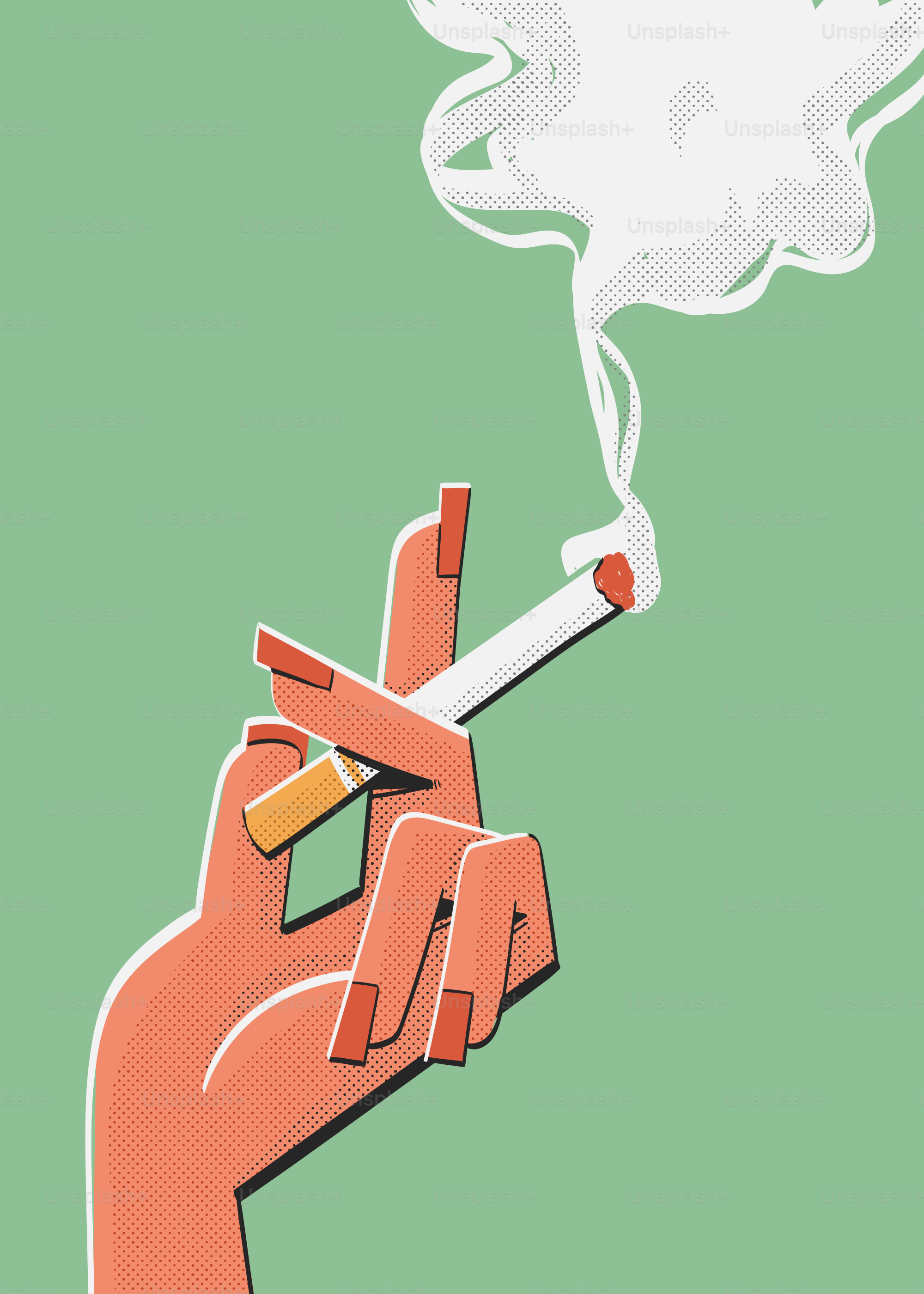 Hand holds a lit cigarette with smoke.