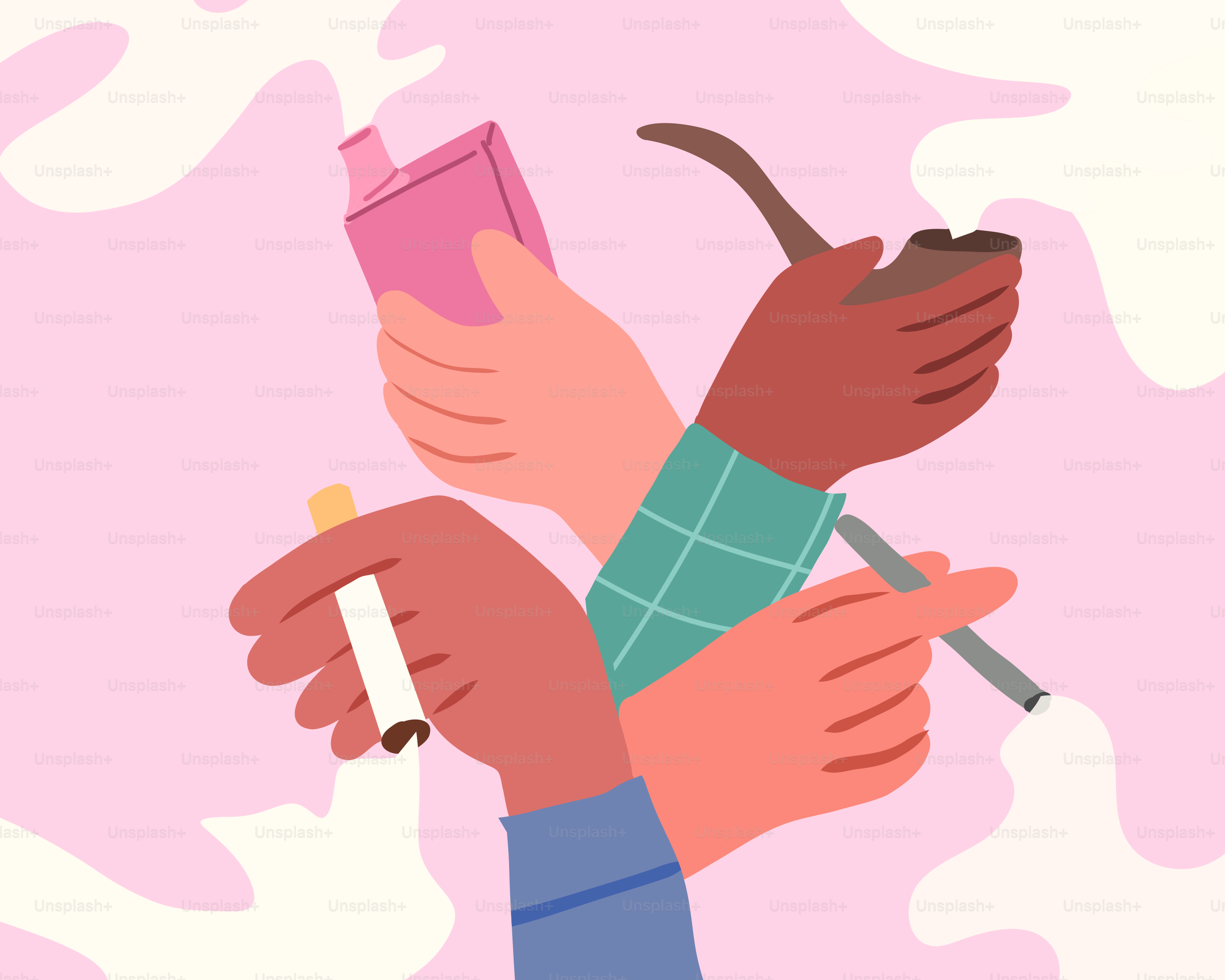 Hands holding smoking devices surrounded by smoke.