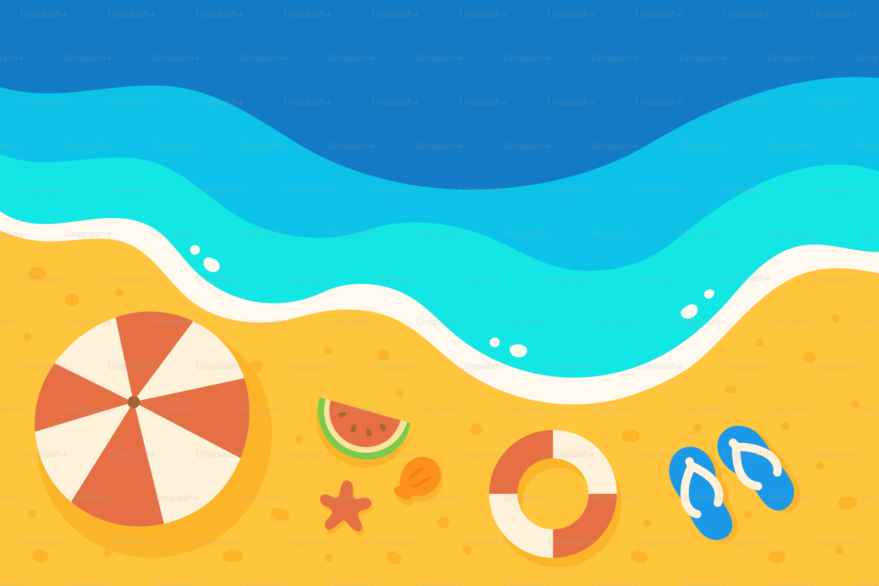 Beach scene with beach umbrella and summer items.