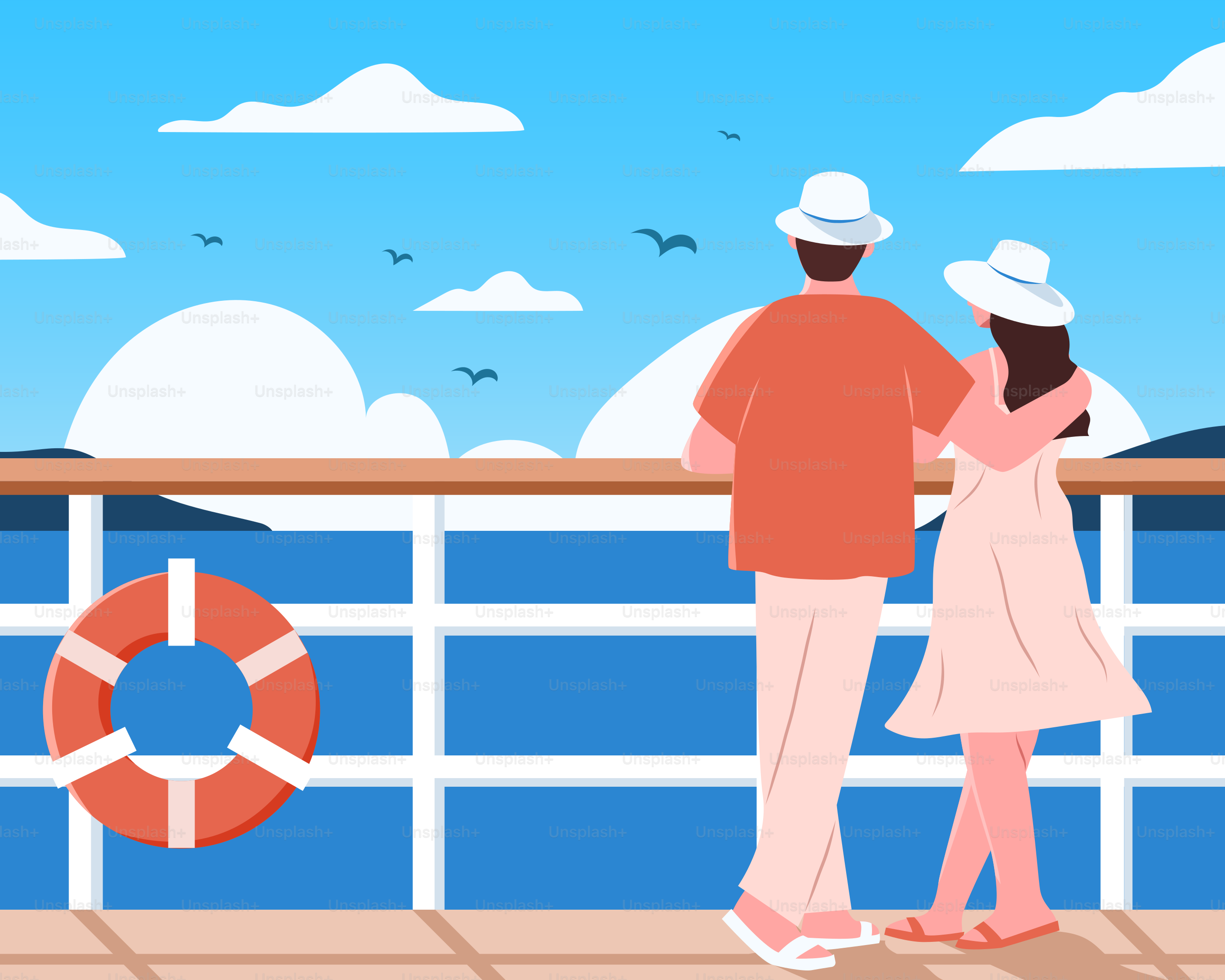 La pareja disfruta de un crucero con vistas panorámicas al mar.