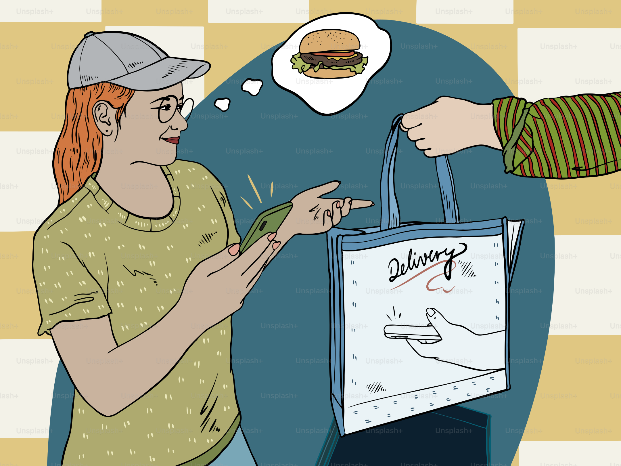 Delivery person receiving a burger order.
