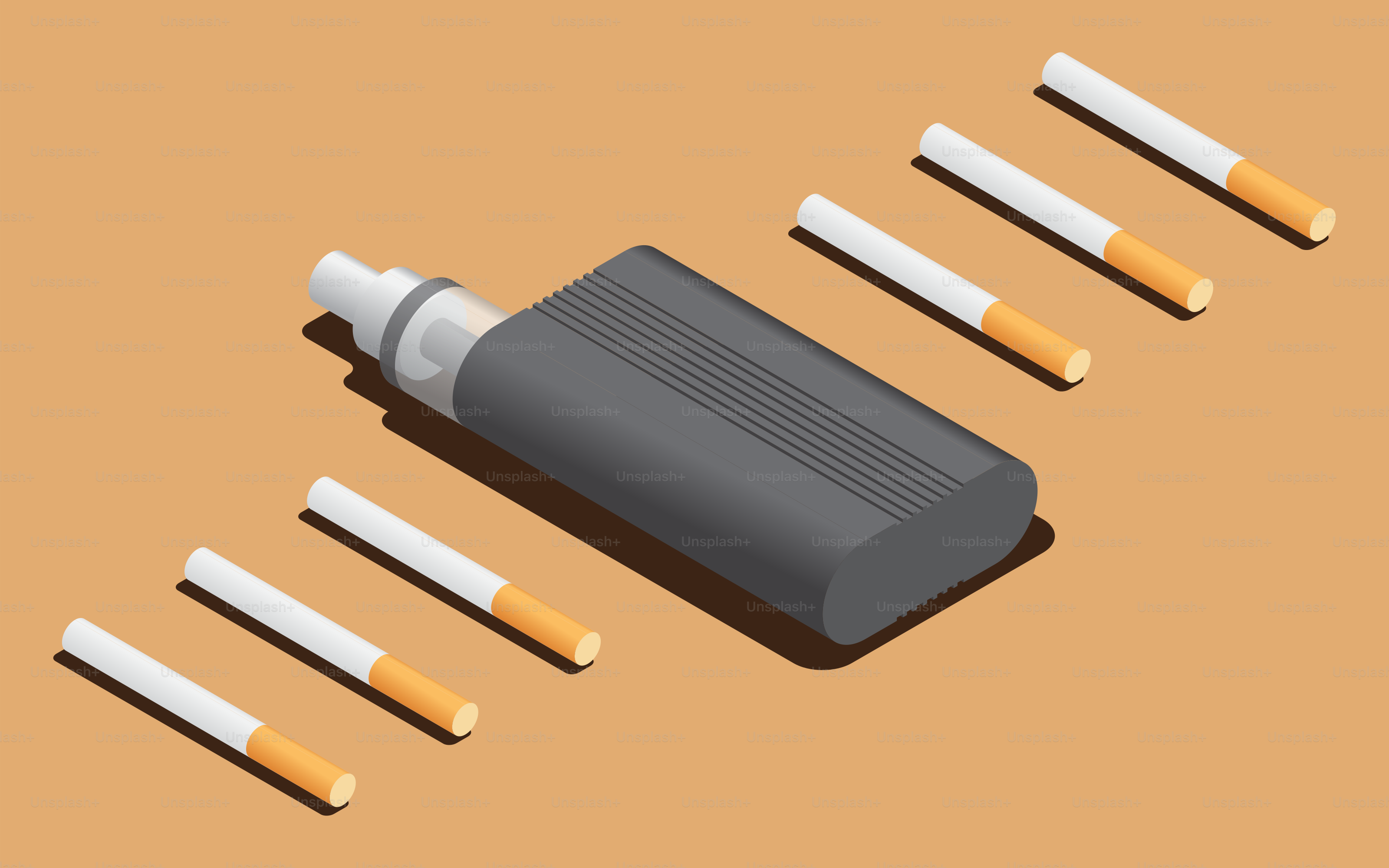 Vape and cigarettes are shown in the image.