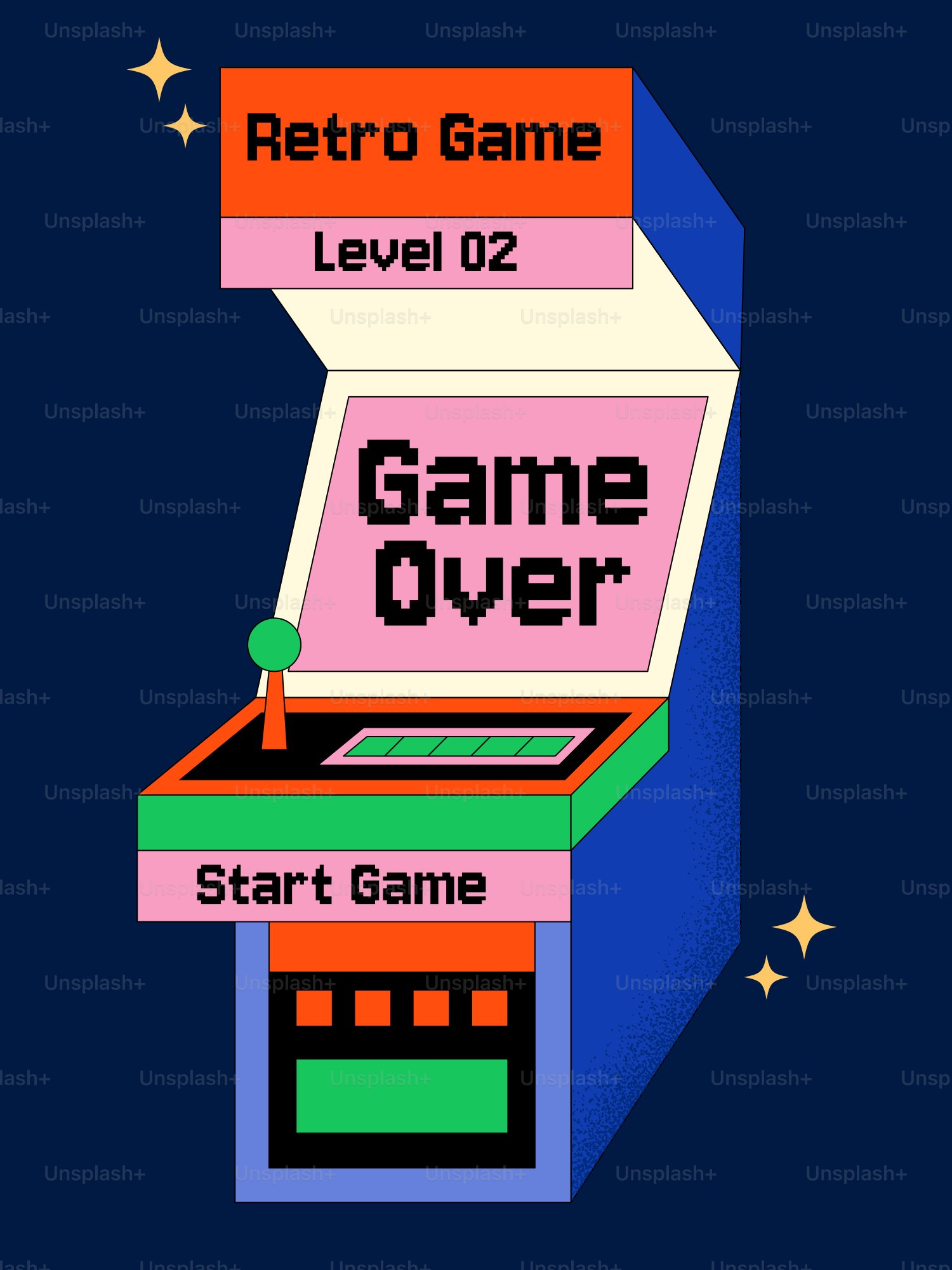 Arcade game over screen graphic with retro feel.
