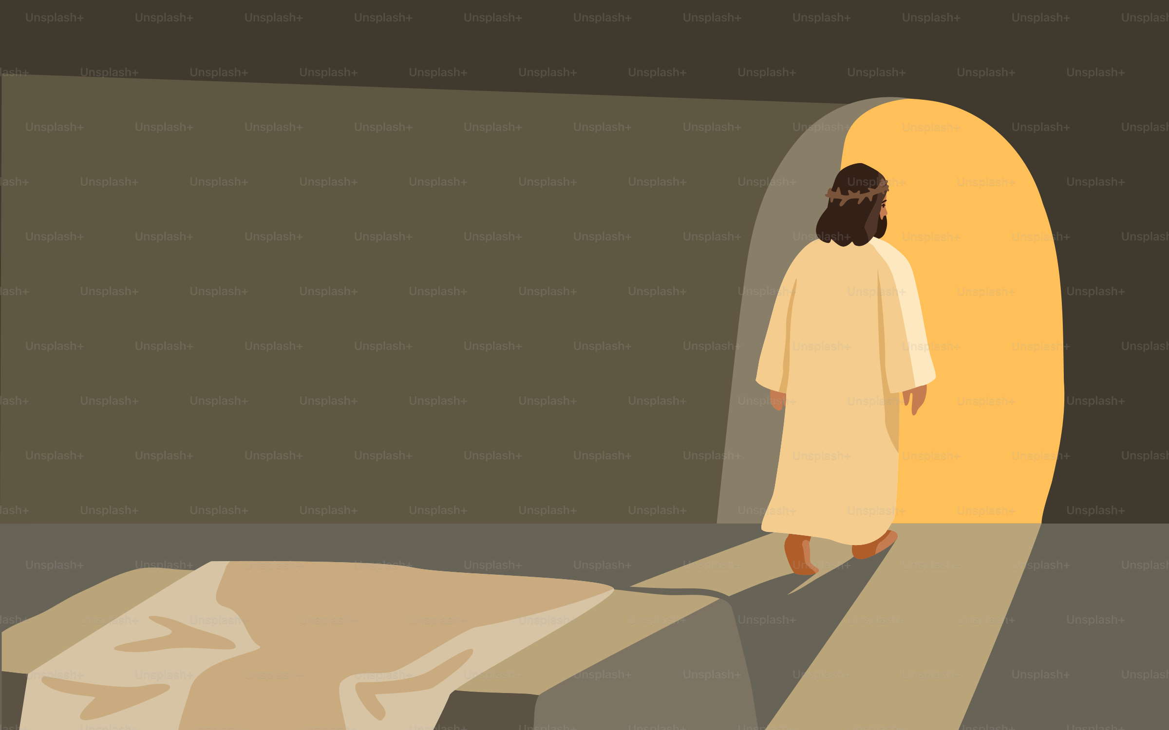 Jesus walks out of the tomb, resurrected.
