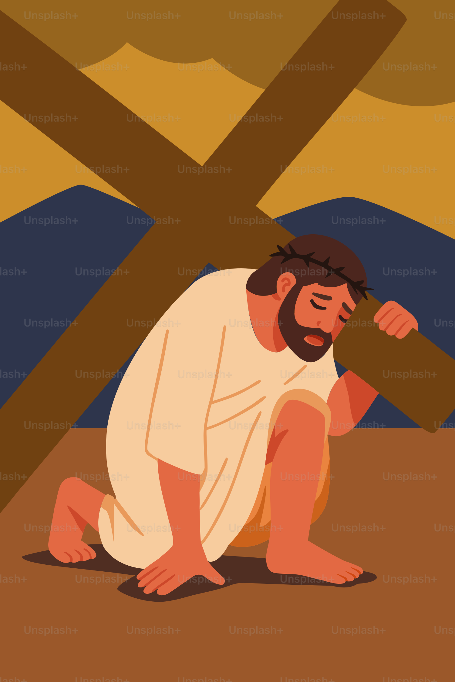 Jesus carries the cross, wearing a crown of thorns.