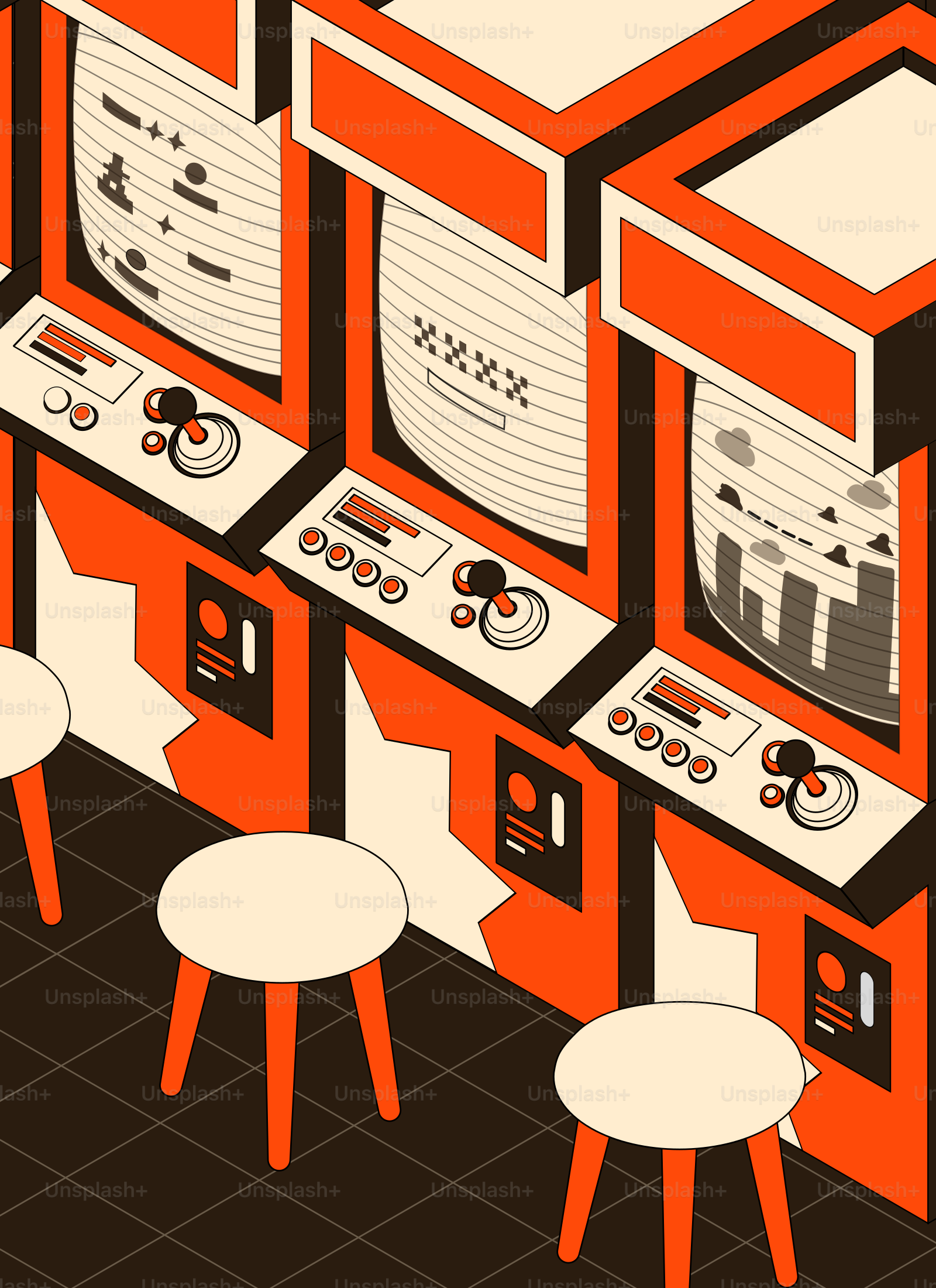 Machines d’arcade et tabourets dans un style géométrique rétro.
