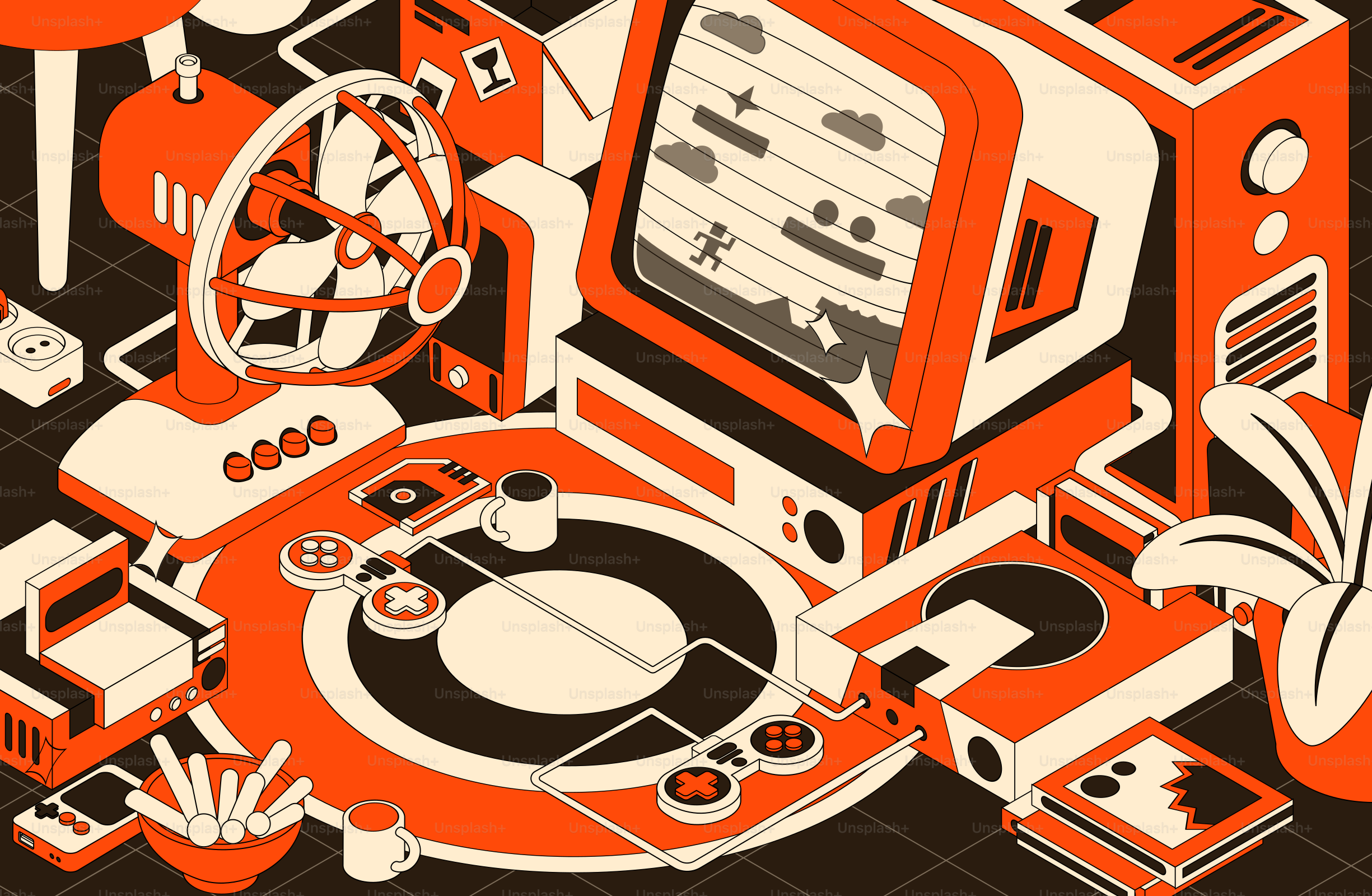 A retro orange and white styled gaming room. vector – Illustration ...
