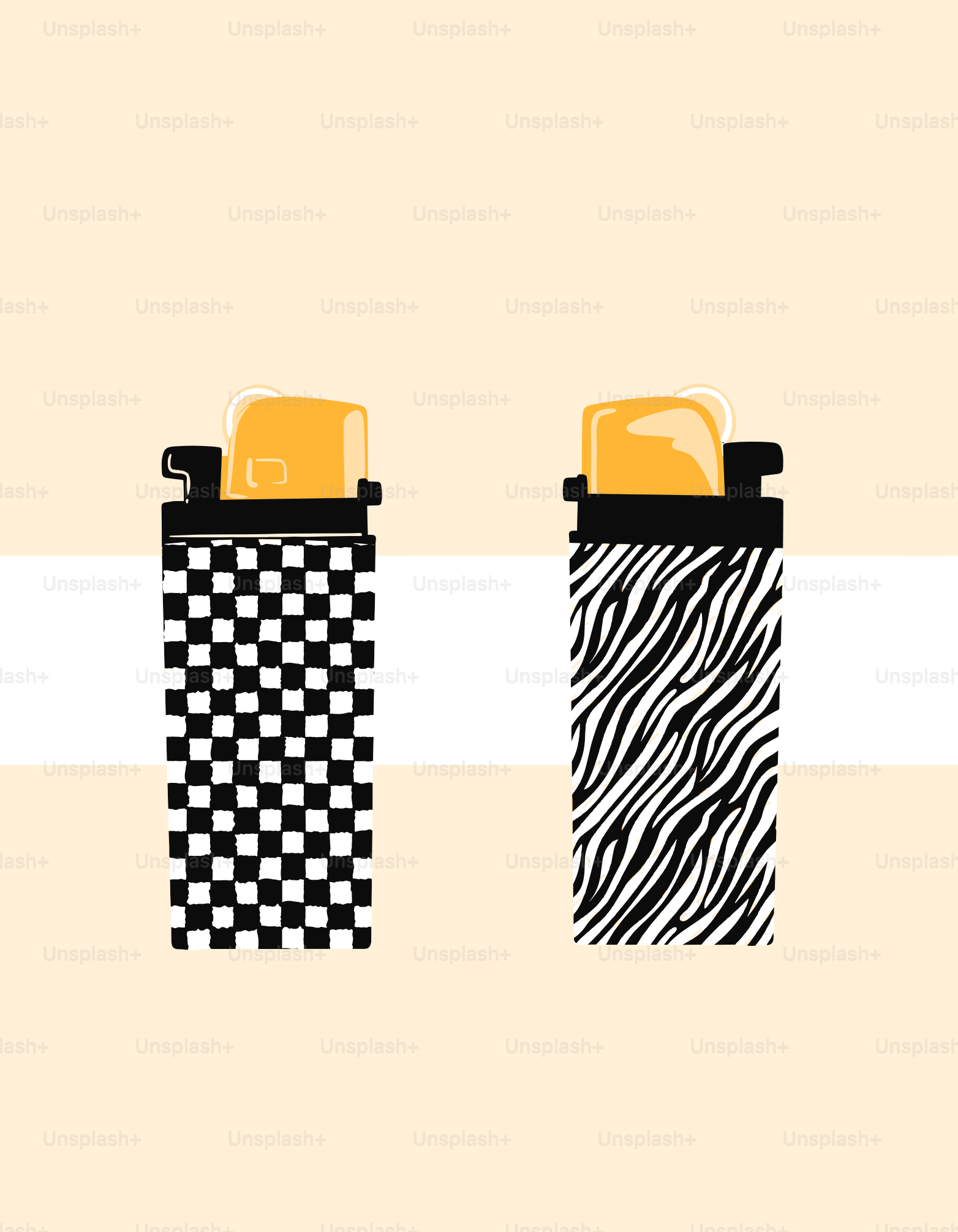 Two lighters with different designs.