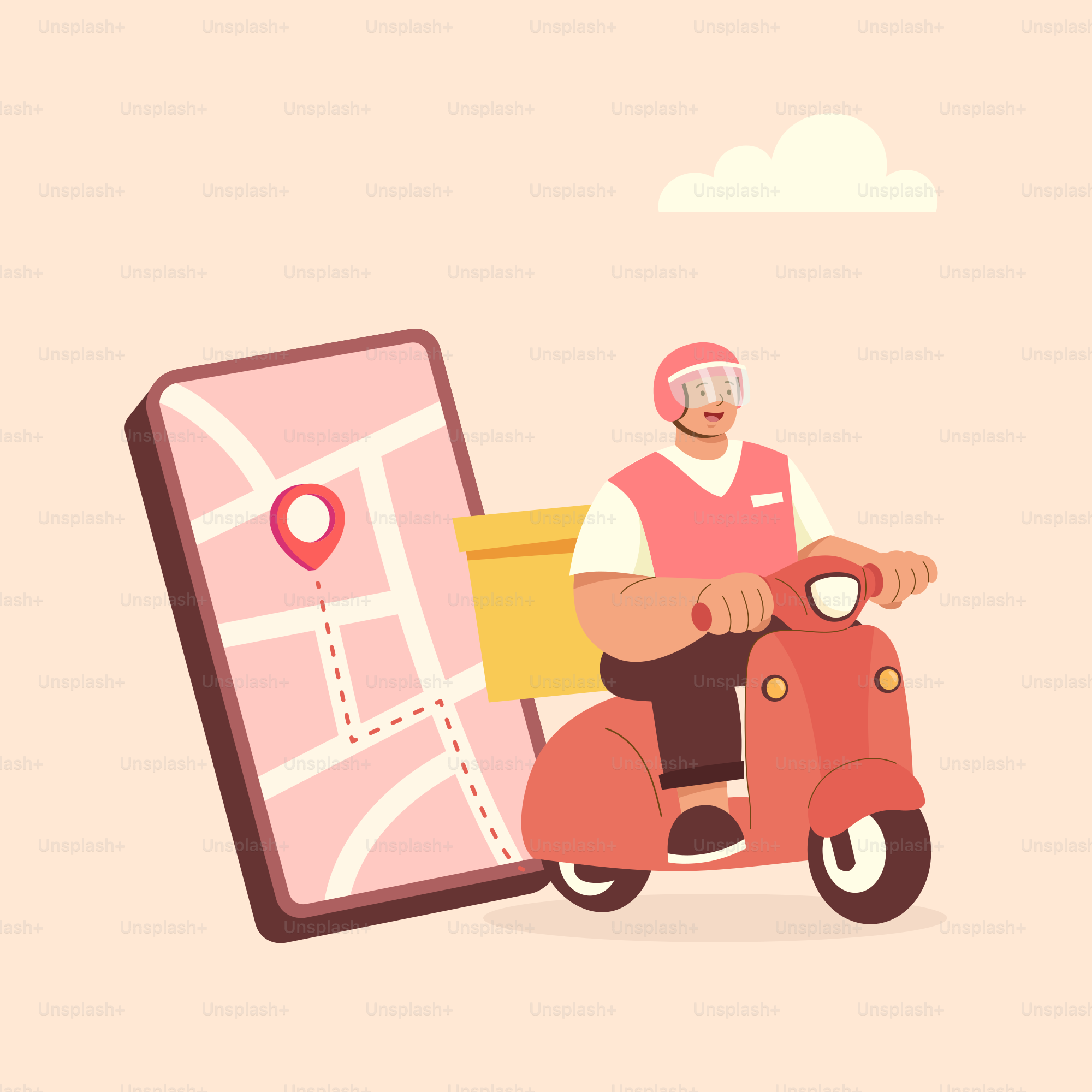 Petugas pengiriman mengendarai skuter dengan peta yang menunjukkan rute.