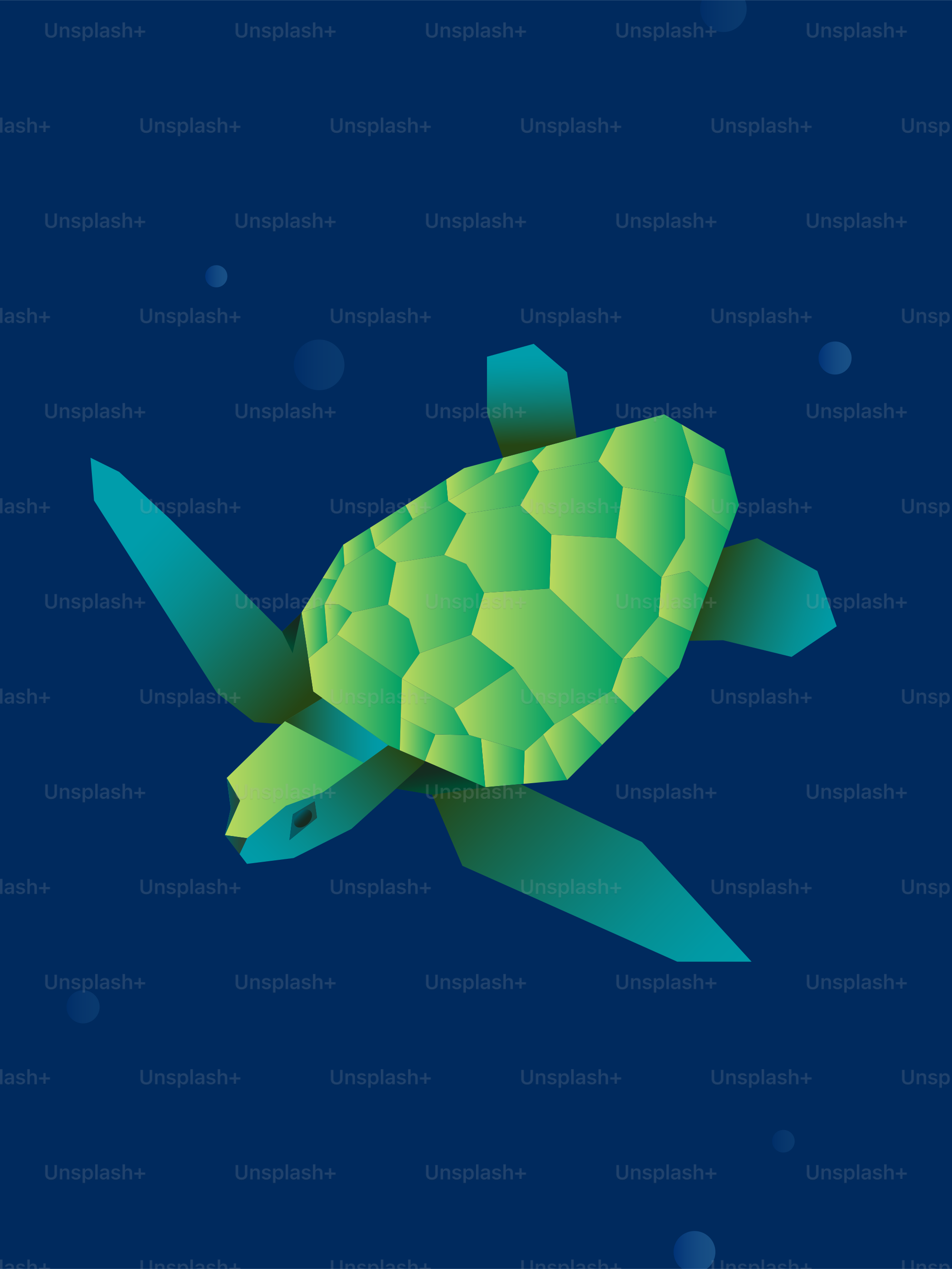 Eine grüne, geometrische Schildkröte schwimmt in tiefblauem Wasser.