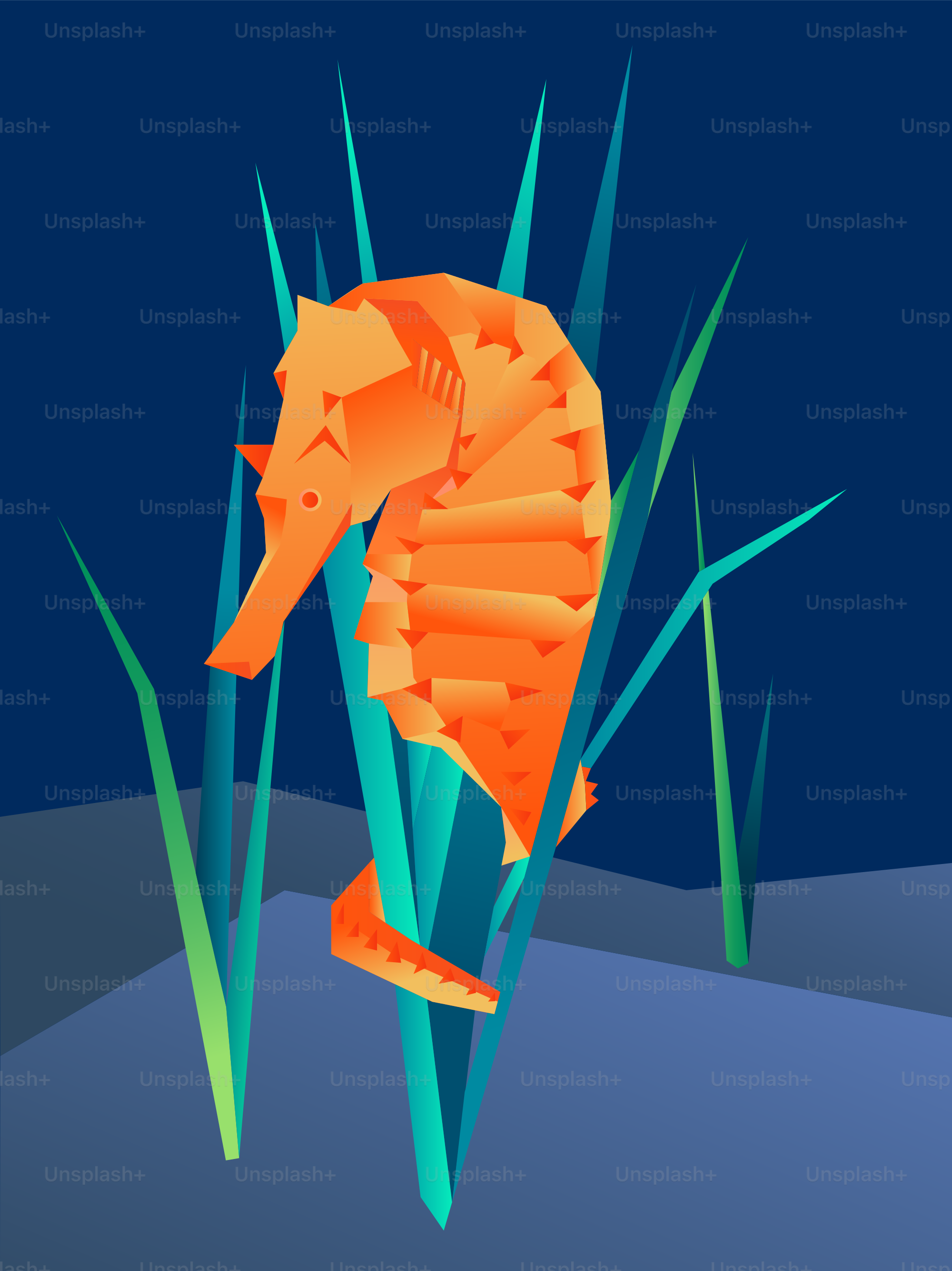 Ein orangefarbenes Seepferdchen schwimmt zwischen Algen.