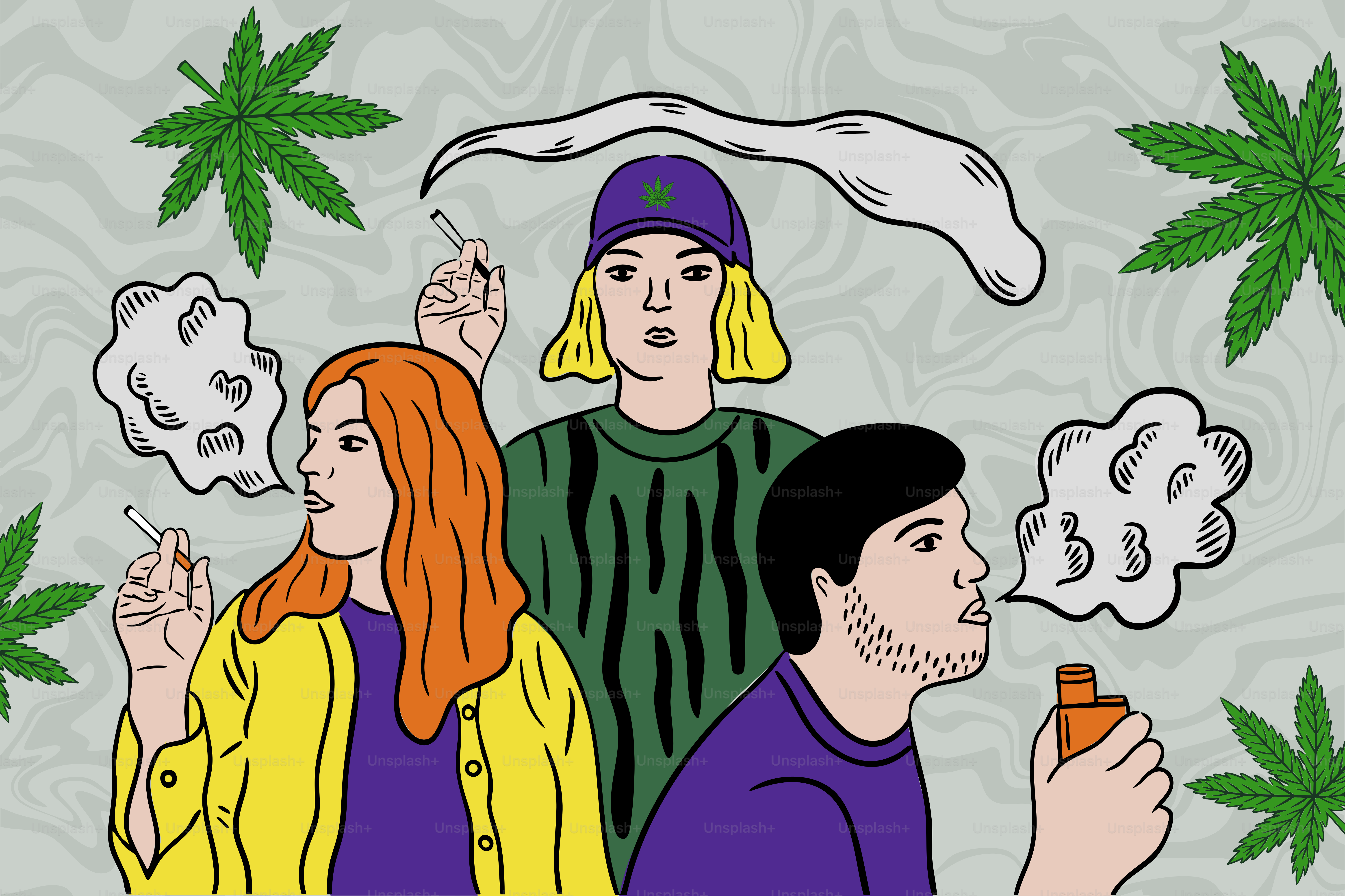 Persone che fumano marijuana con foglie di cannabis.