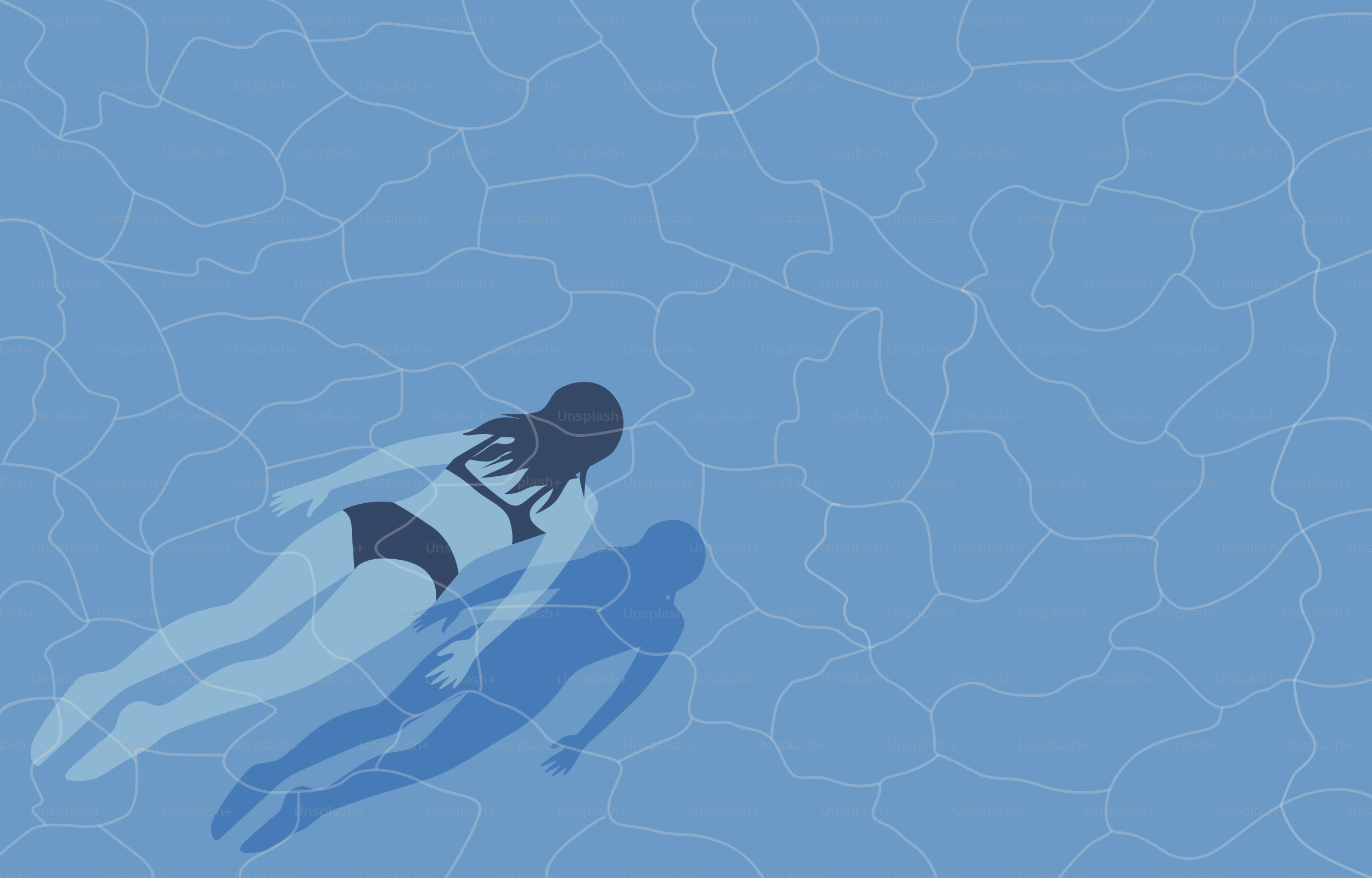 A woman swims in a bright blue pool.