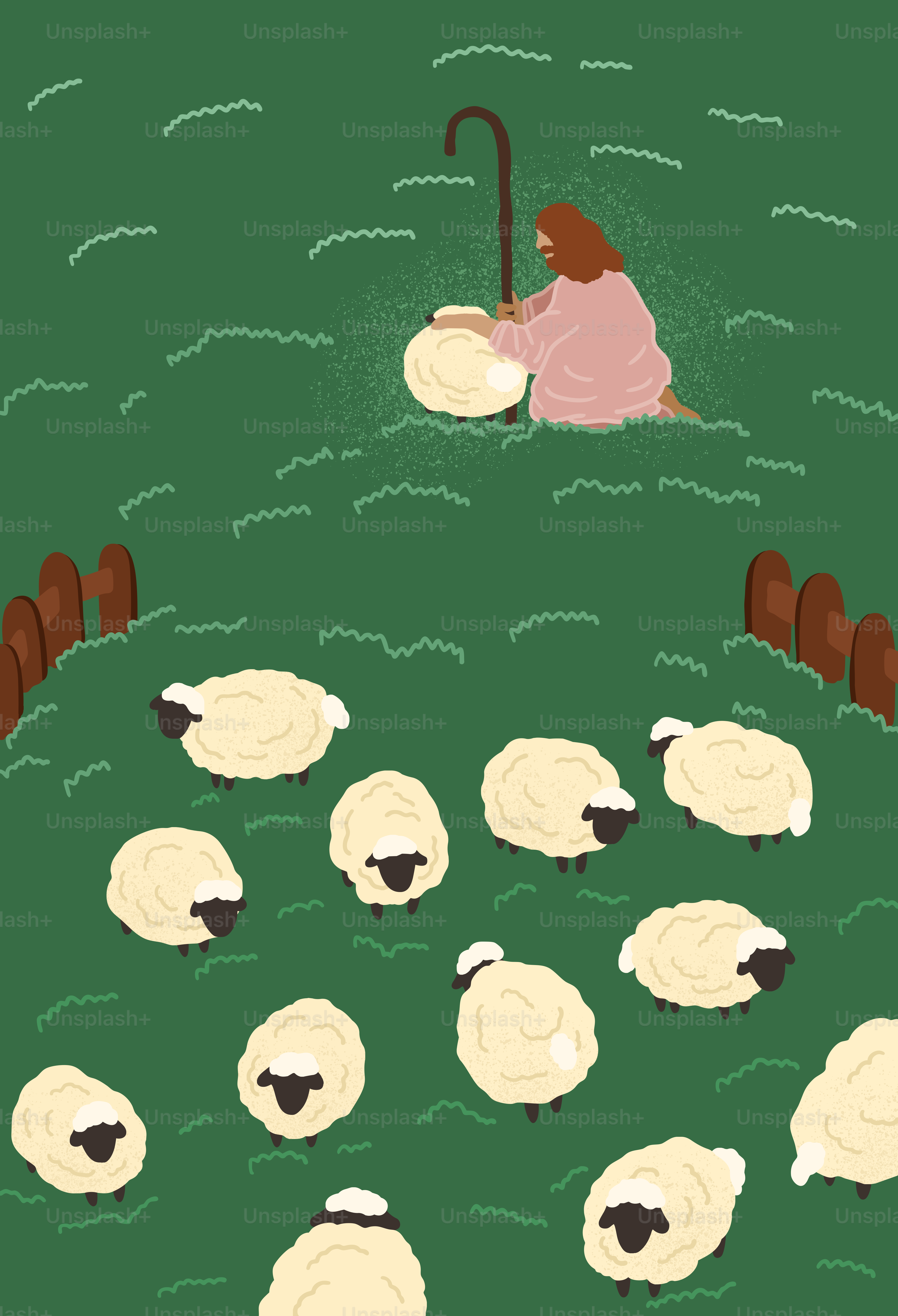 The good shepherd tending his flock of sheep.