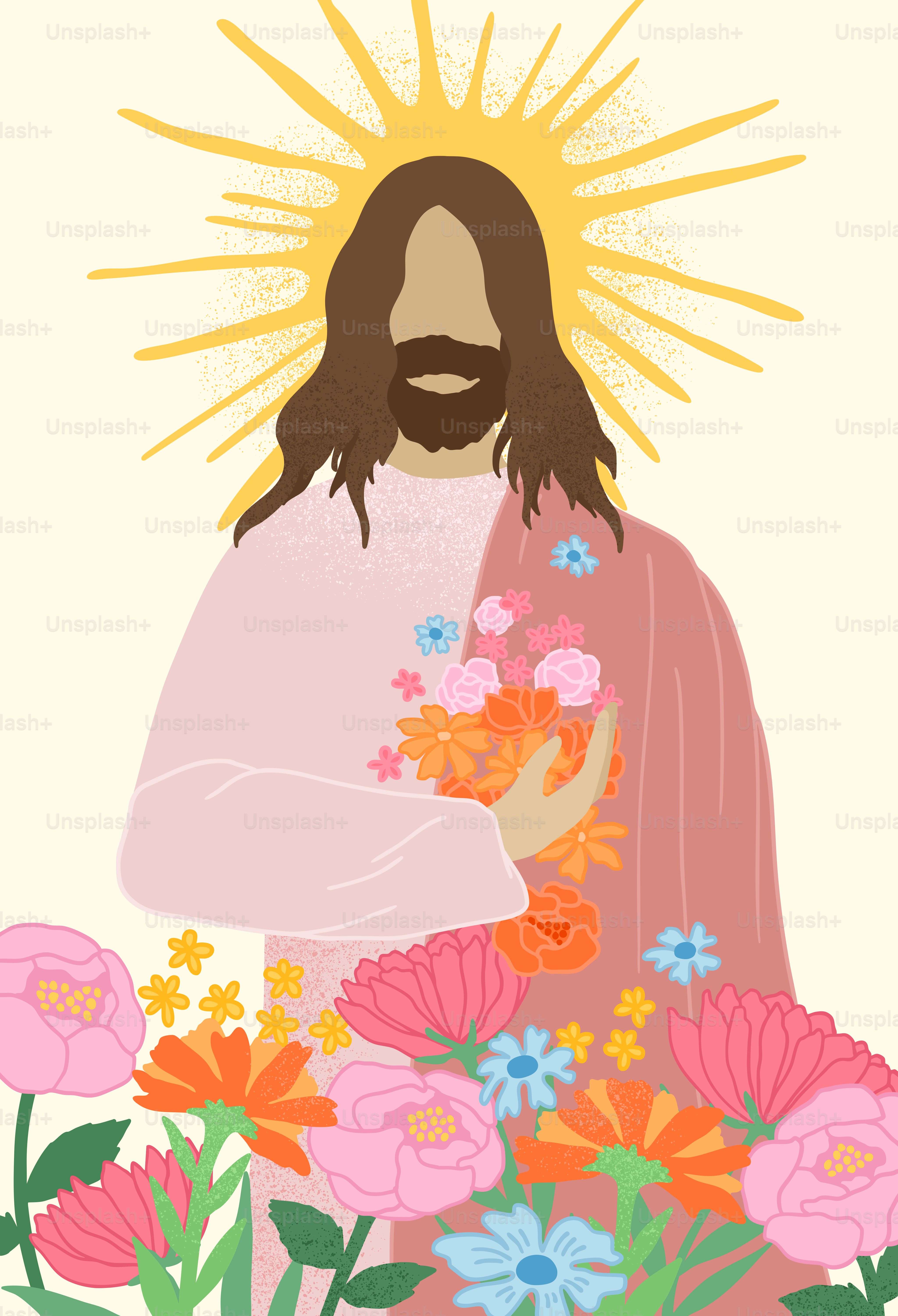 Jesucristo sostiene flores rodeadas de flores en flor.