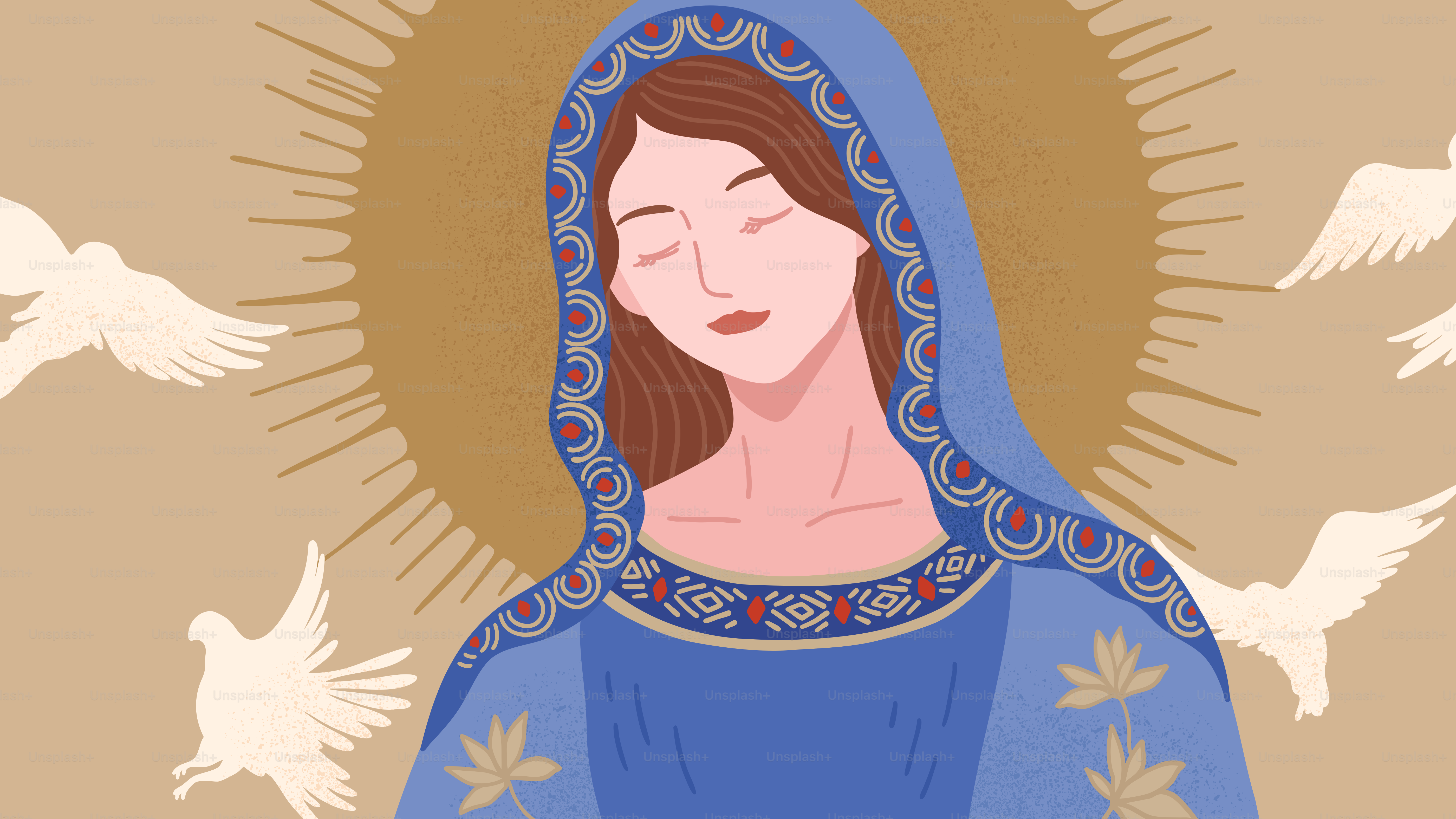 The virgin mary is surrounded by doves.