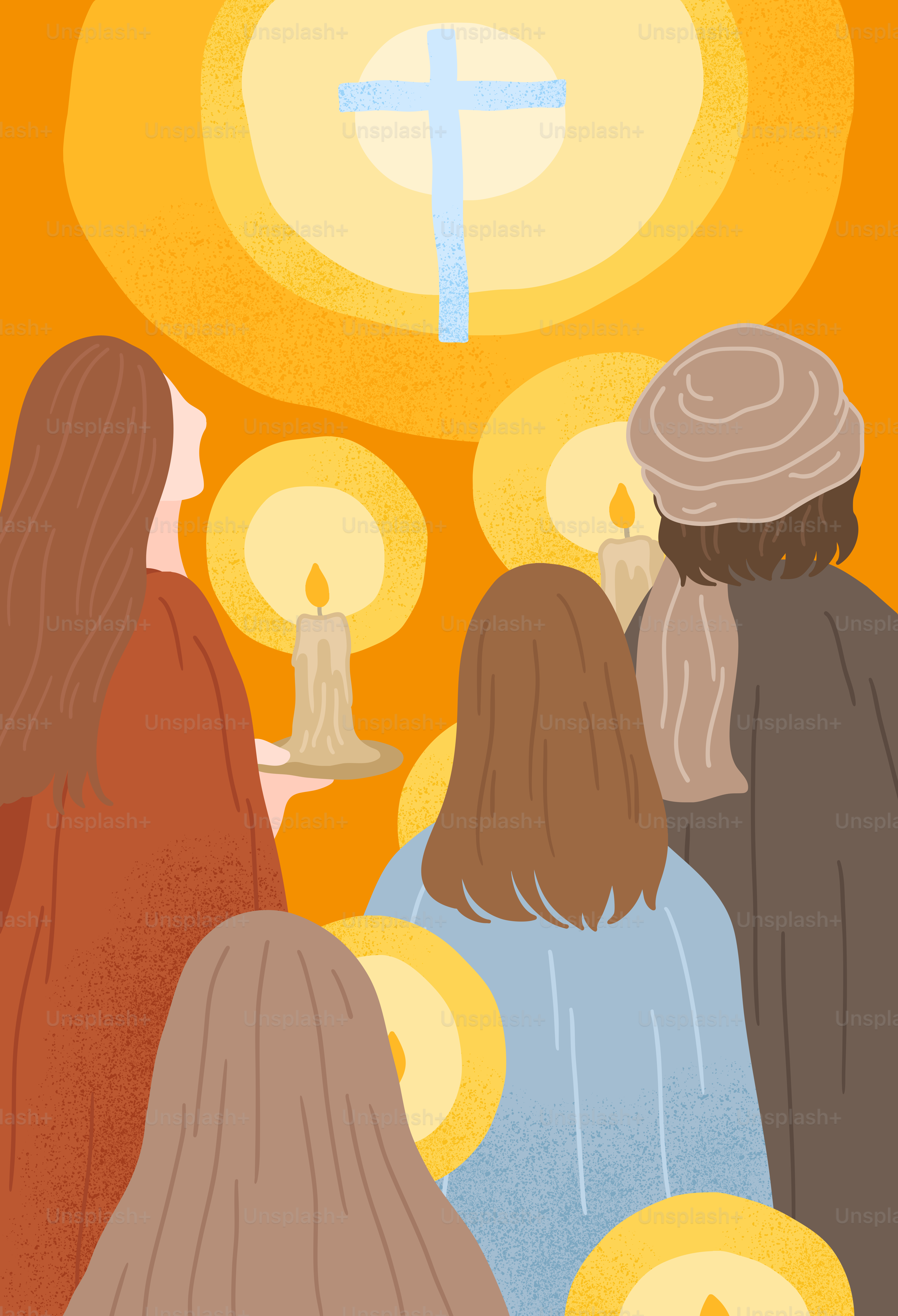 People gather before a cross with candles.