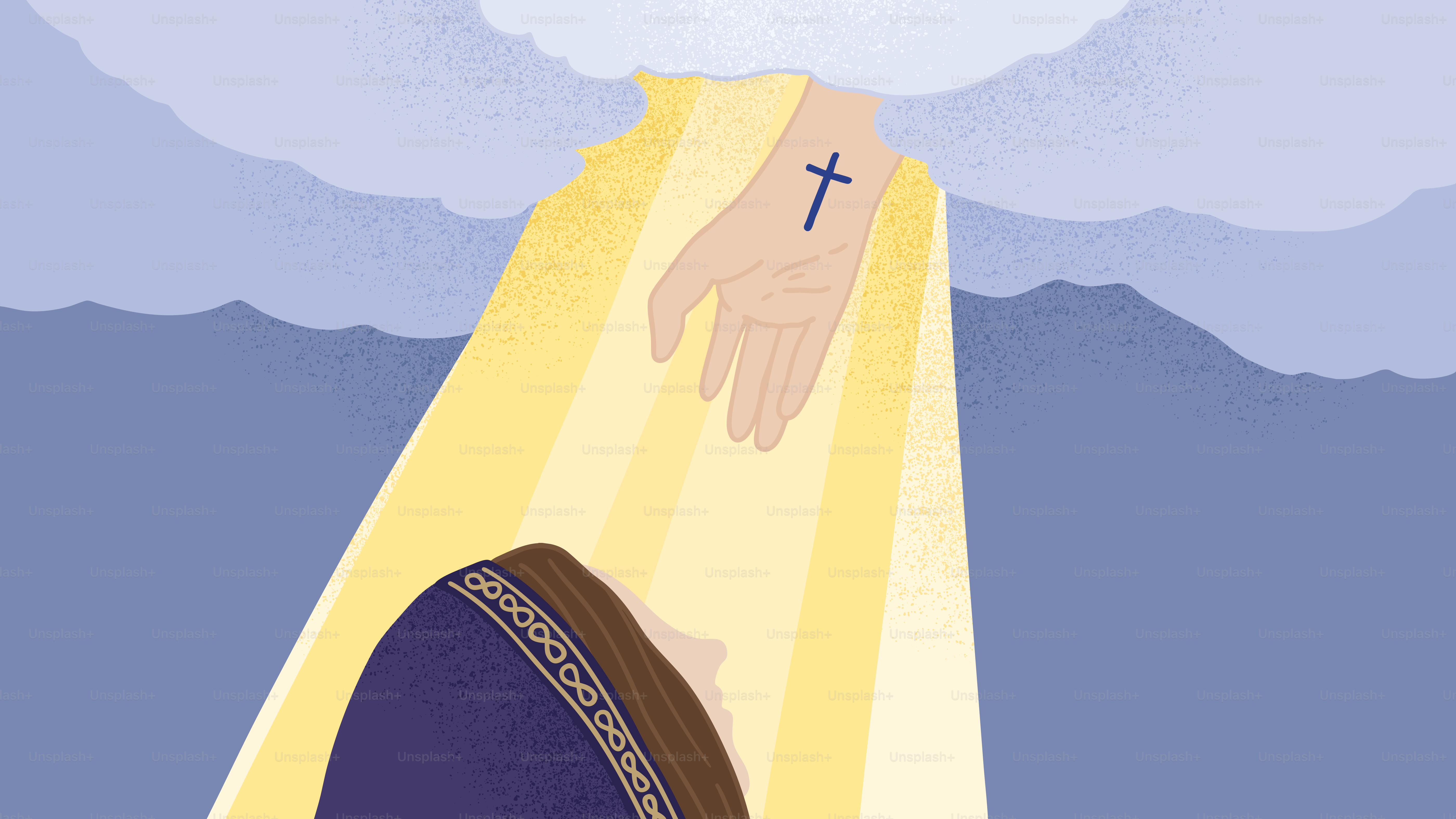 Una mano divina baja desde las nubes.