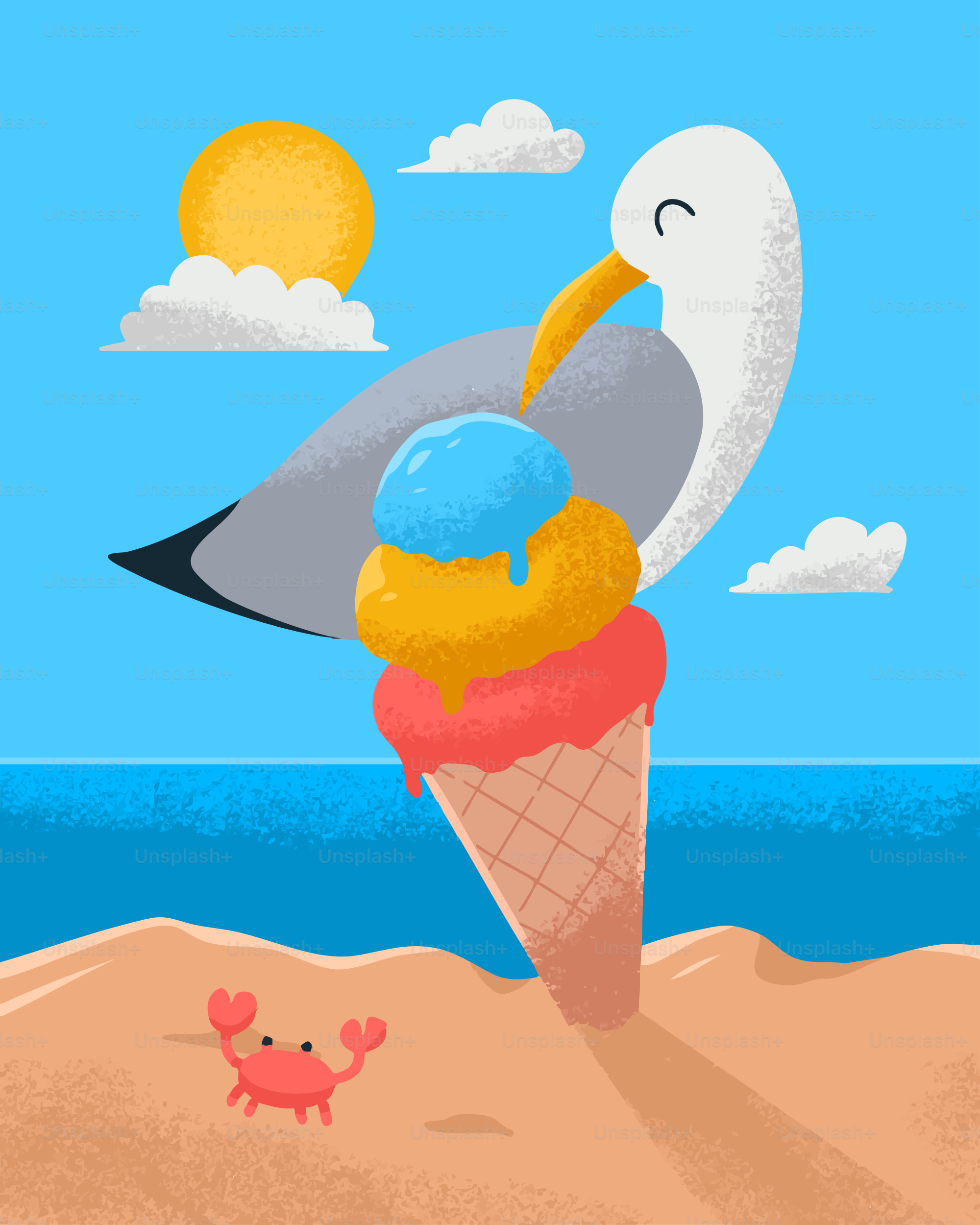 Eine Möwe genießt am Strand ein Eis.