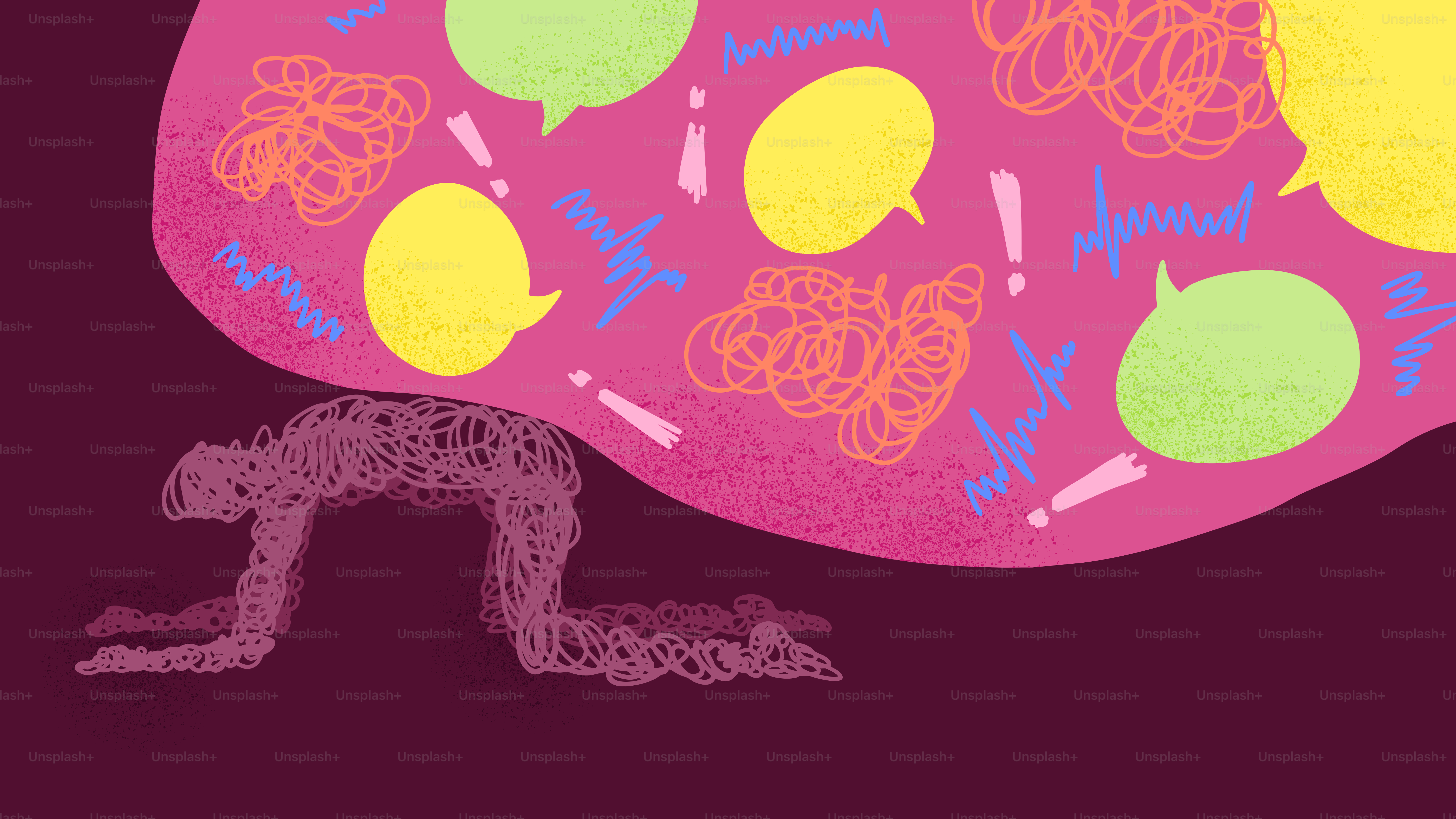 Overwhelmed person burdened by thoughts and speech bubbles.