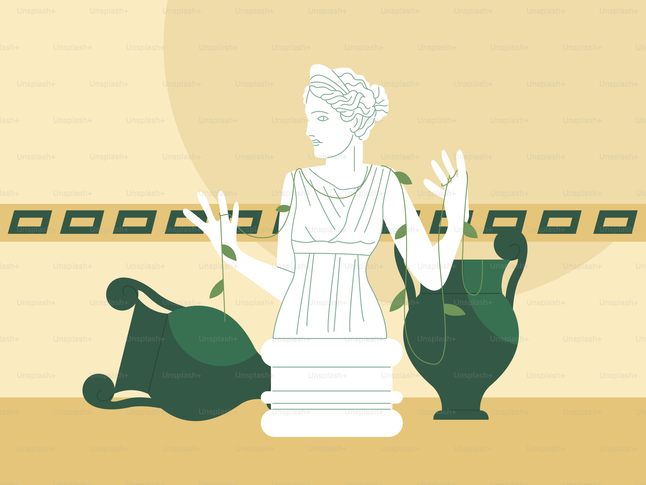 A grecian statue stands with pottery and vines.