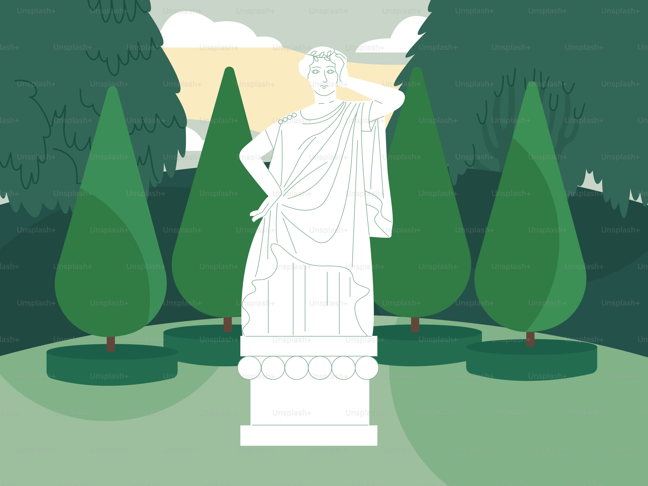 A statue stands in a garden surrounded by trees.