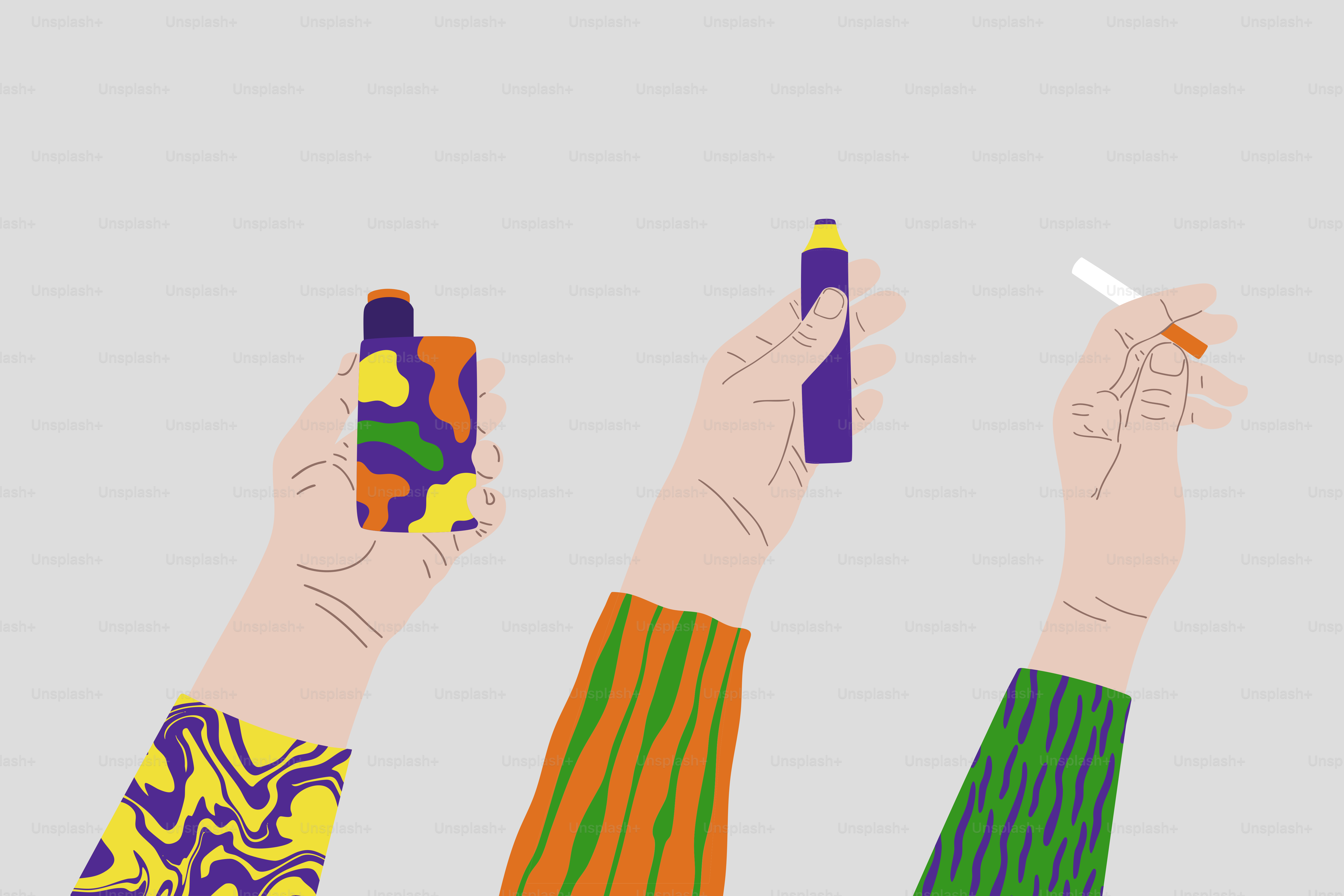 Hands holding vapes and a cigarette.