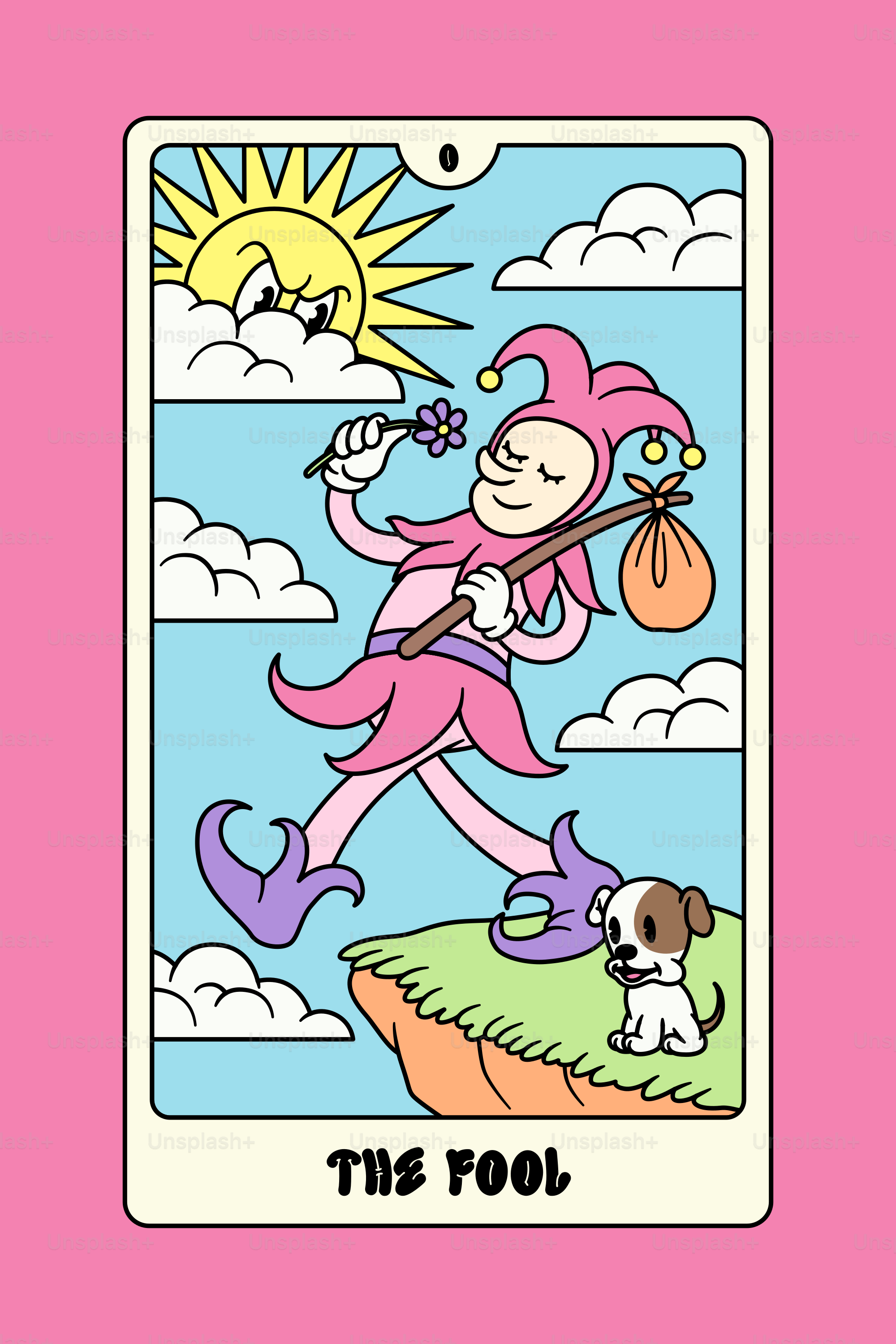 The fool tarot card depicts a carefree journey.