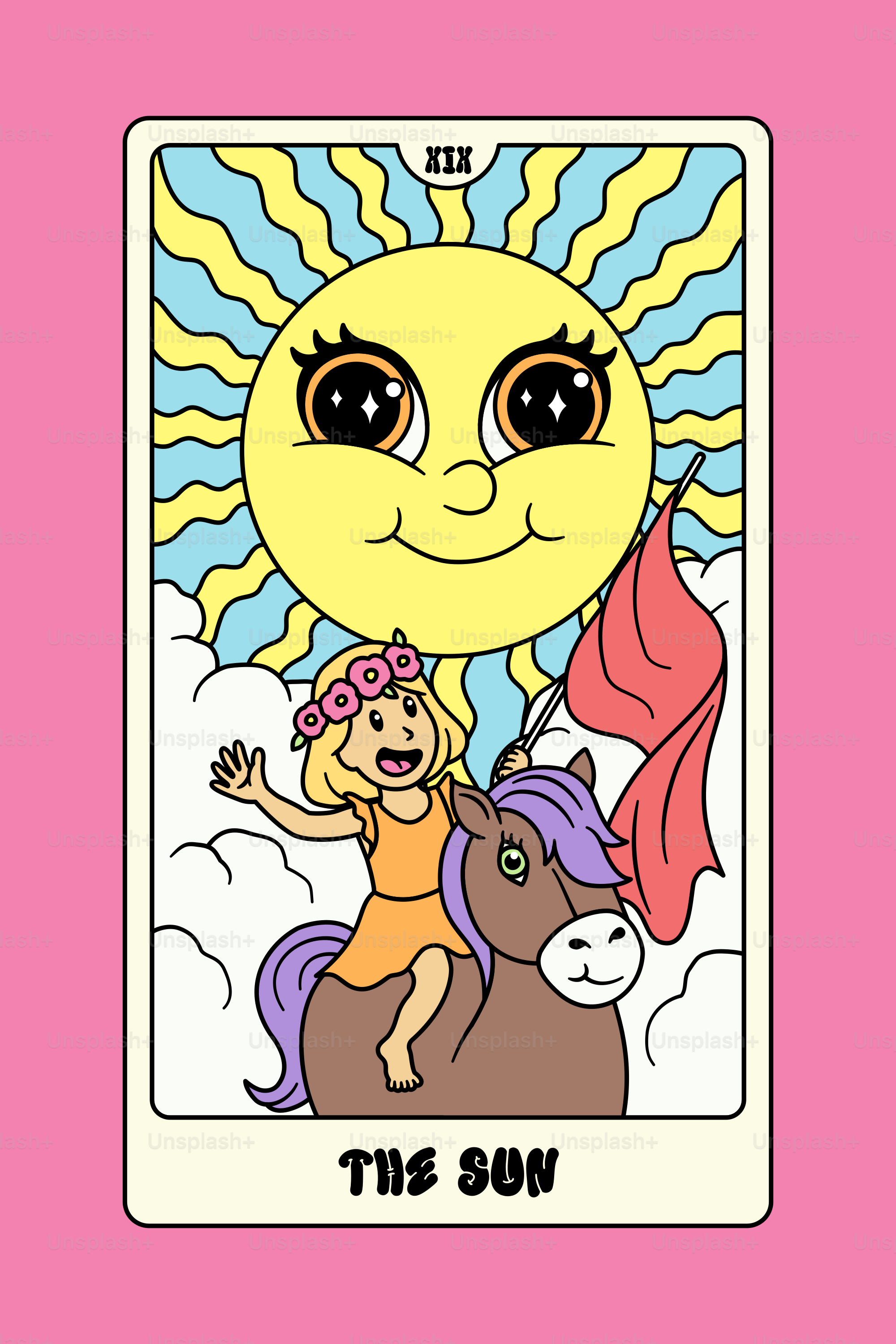 太陽のタロットカードは、笑顔の太陽と女の子を描いています。