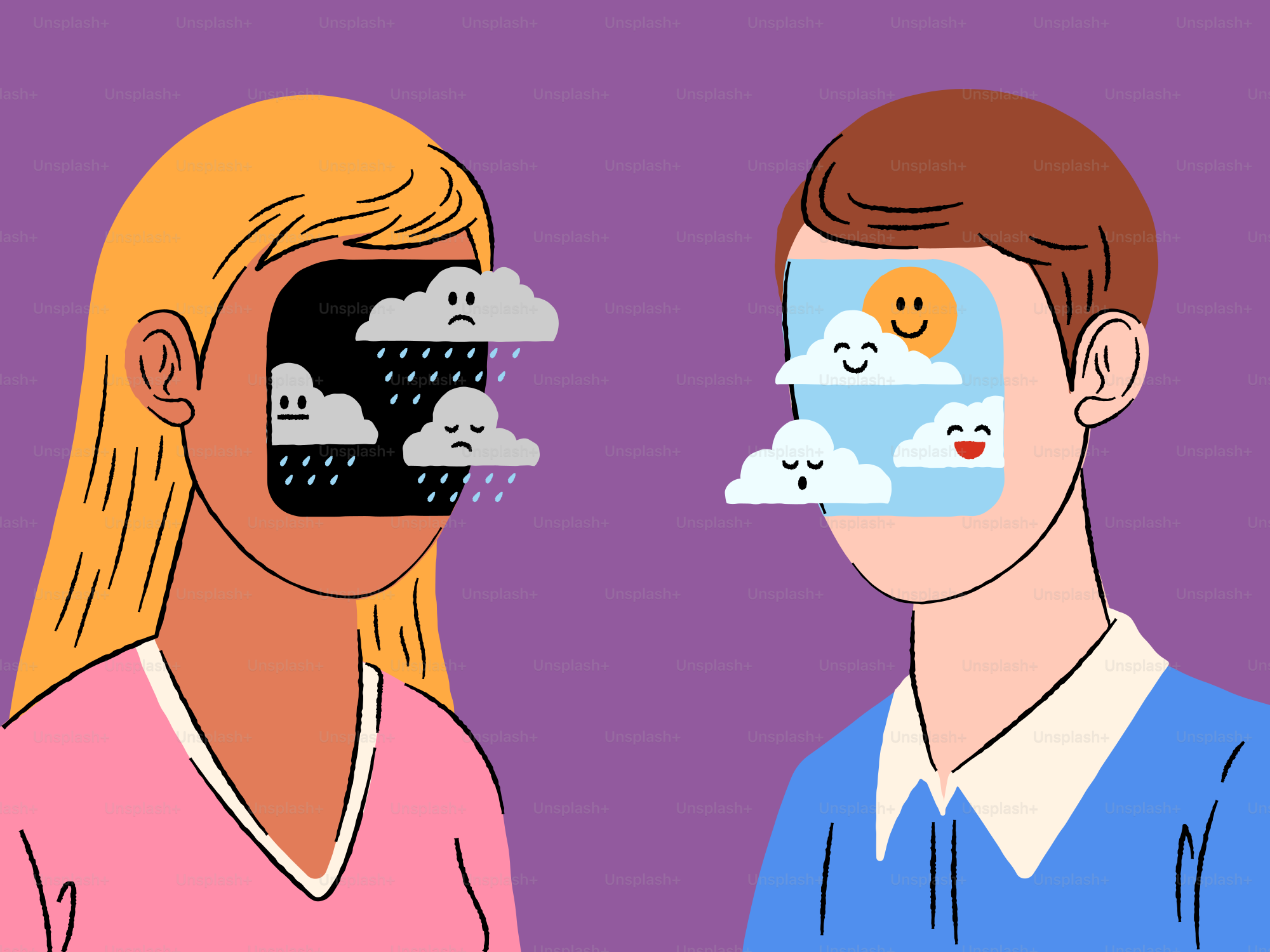 Una persona tiene emociones negativas, mientras que la otra es feliz.