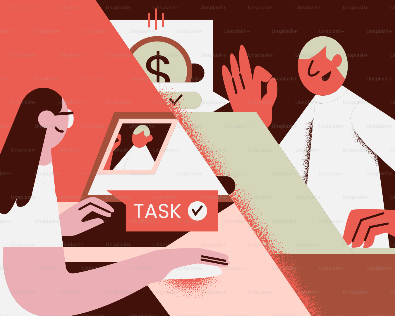 Online collaboration with an ok sign and money.