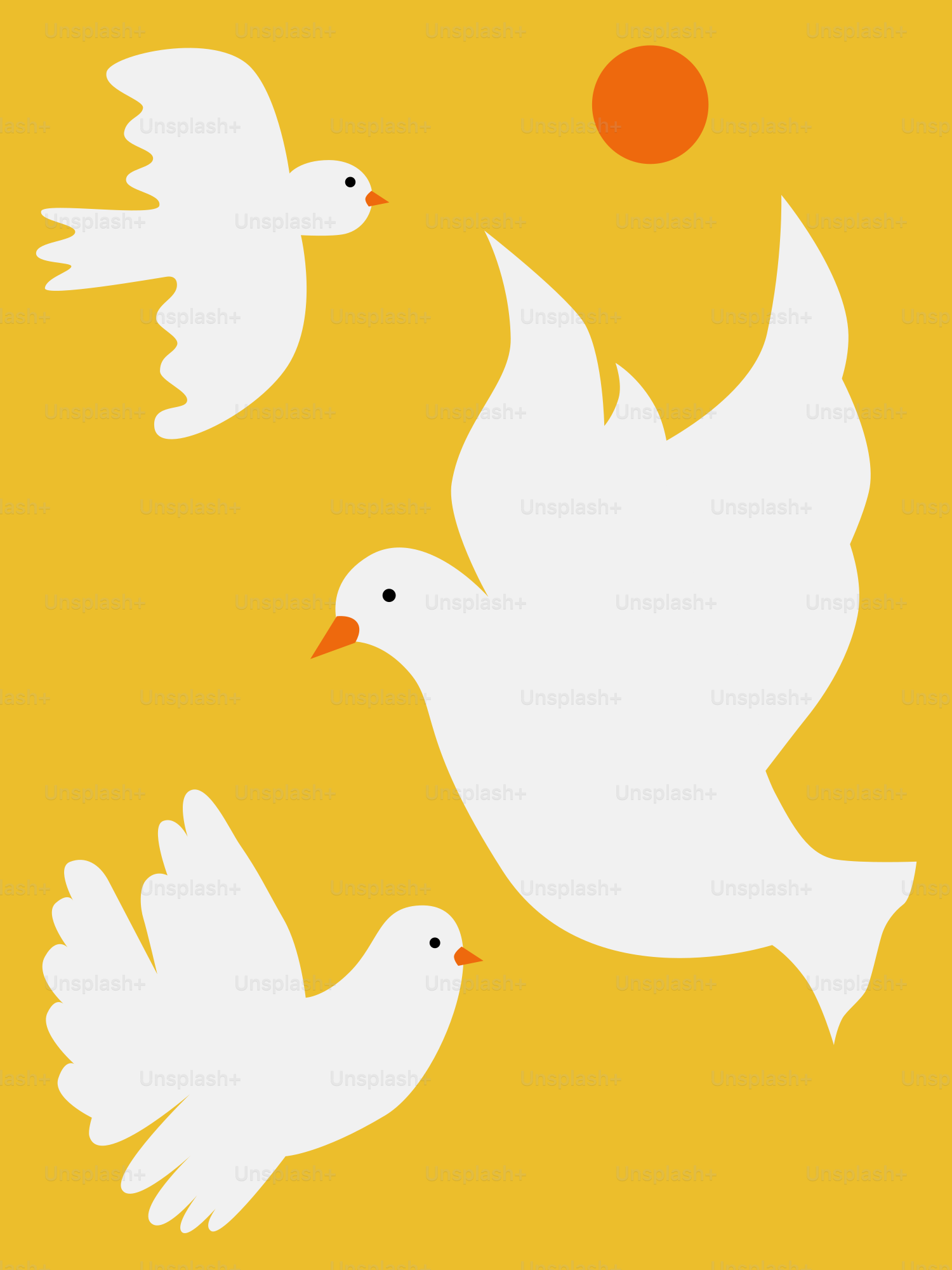 Three white doves fly in the sunshine.